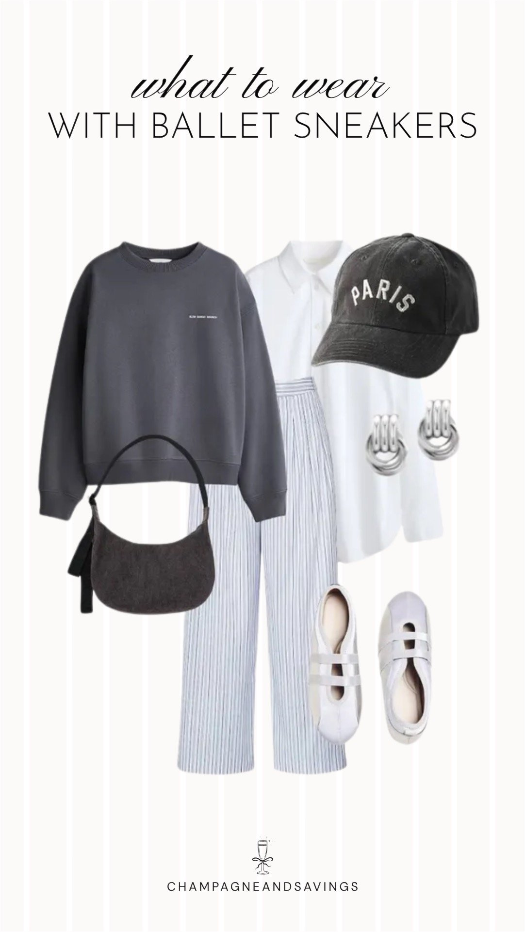 Collage of outfit pieces featuring ballet sneakers styled with striped pants and a layered sweatshirt for a comfortable outfit with a sporty and relaxed feel.