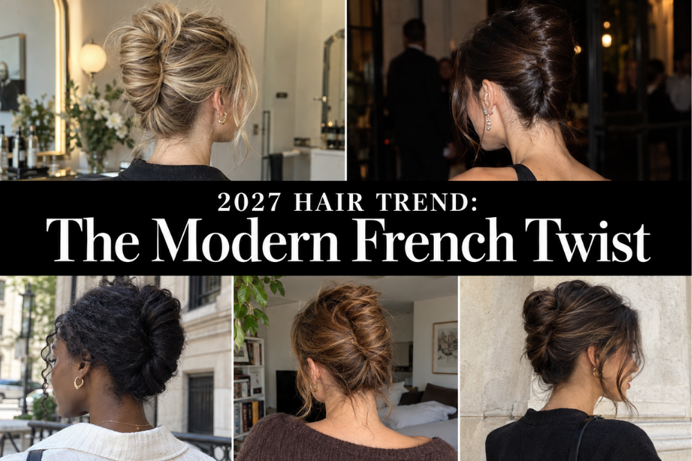 collage of women with french twist hairdos