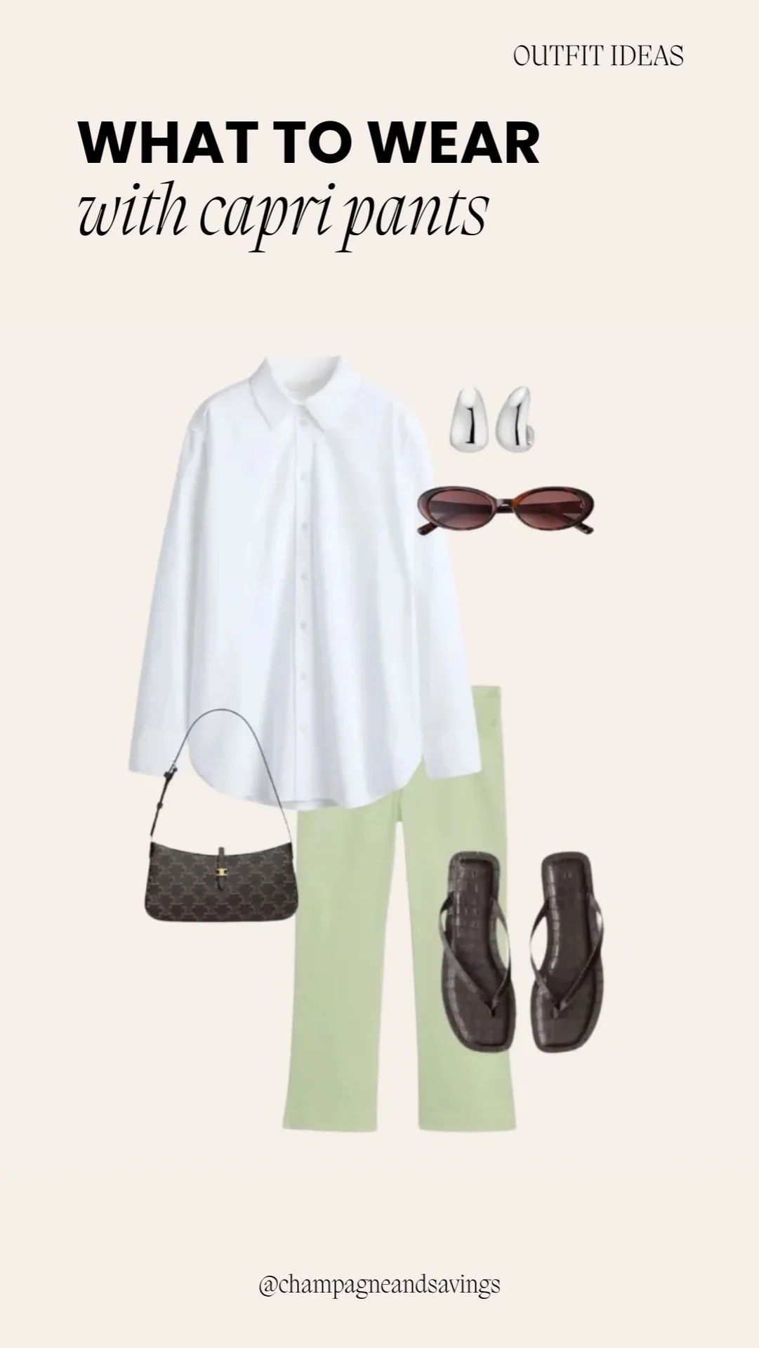 Collage of outfit pieces for a “Relaxed Button Down and Soft Green Capris” capri pants look, featuring capri pants paired with a relaxed button-down shirt and soft green tones, styled in a laid-back chic aesthetic.