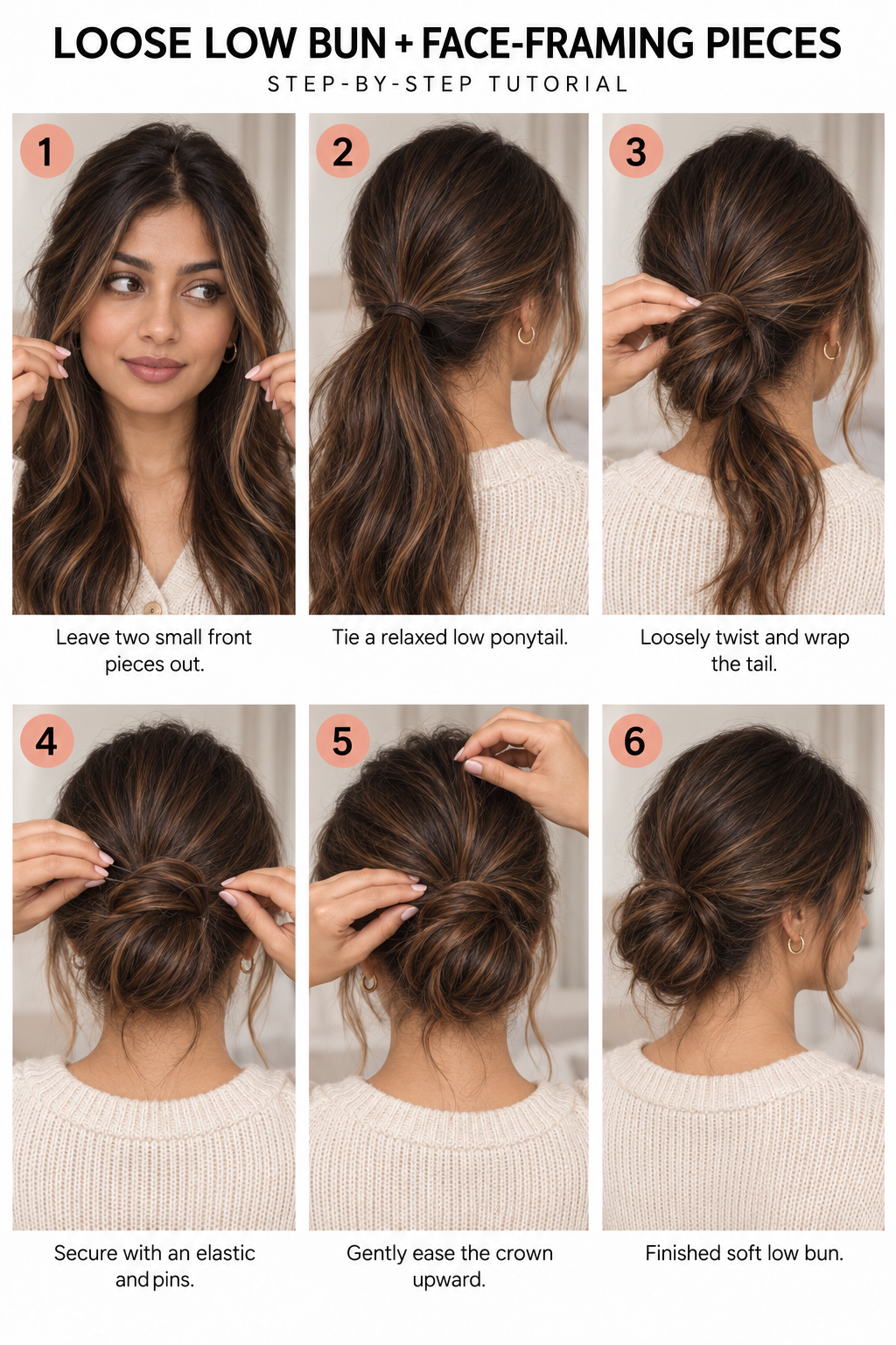 Step by step tutorial on how to do a loose low bun with face framing pieces.