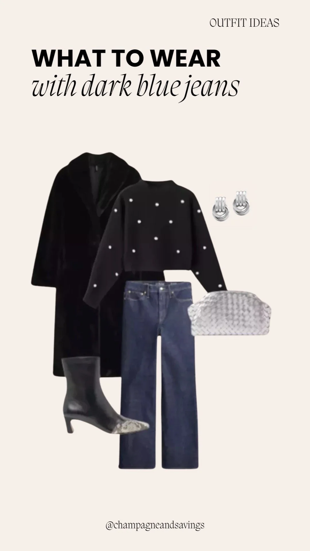 Collage of outfit pieces for a “Black Coat + Pearl Detail Top” dark denim look, featuring dark denim paired with a black coat and a pearl-detail top, styled in a polished chic aesthetic.