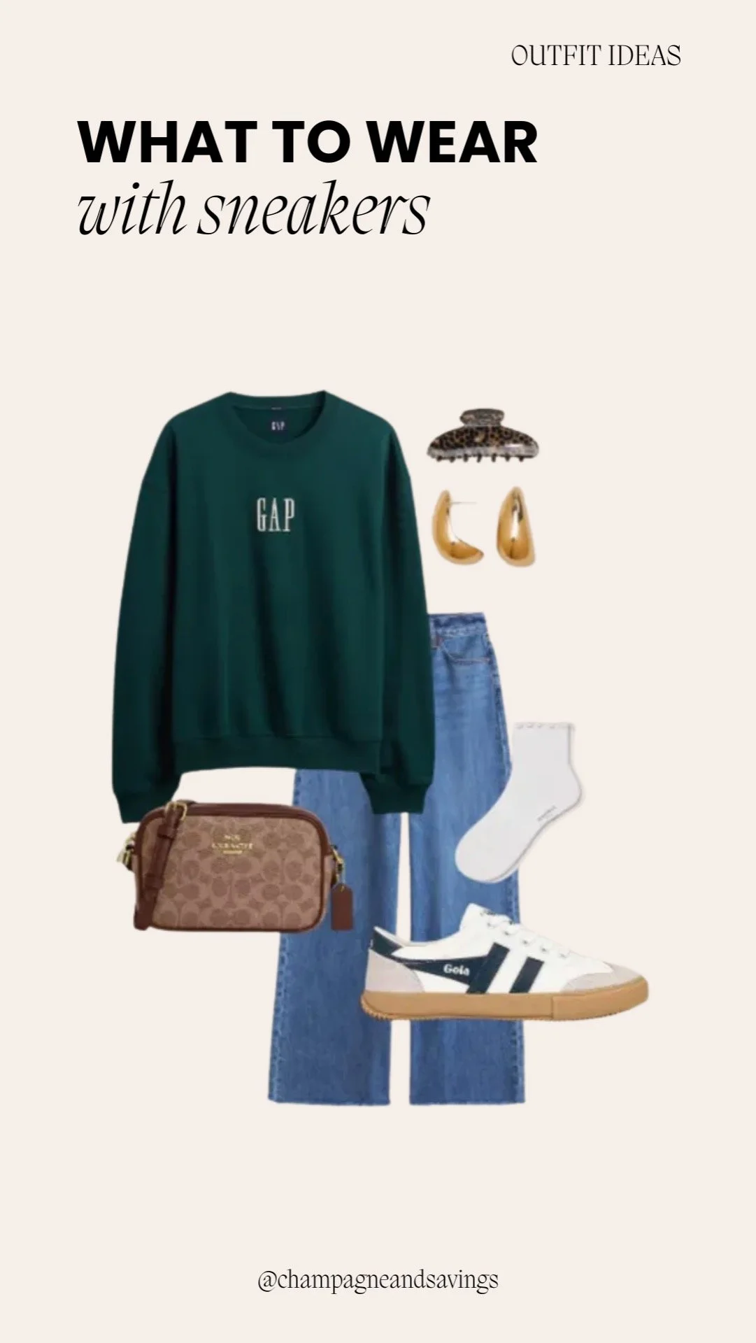 Collage showing a logo sweatshirt paired with straight leg jeans and sneakers for a casual look.