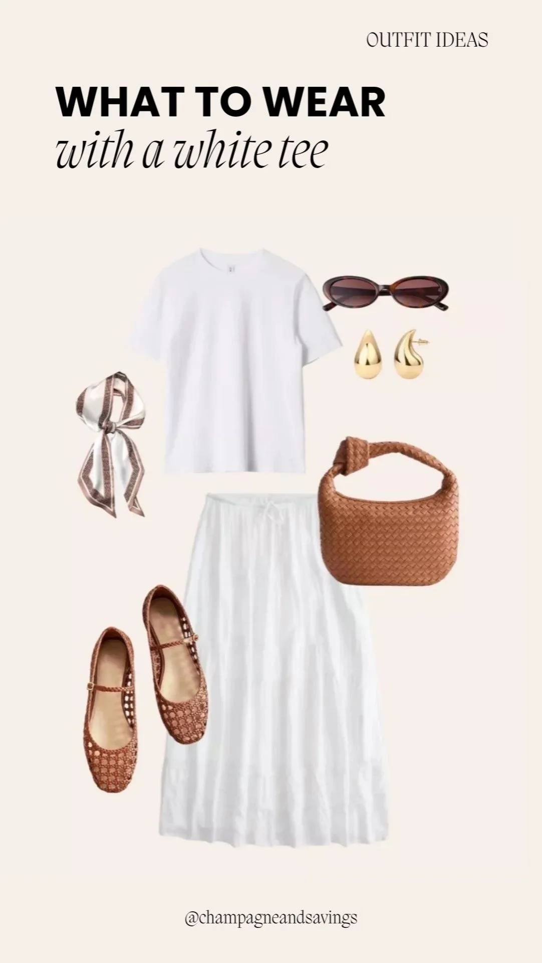 Plain white t-shirt styled with a white maxi skirt and ballet flats for a fresh, monochromatic, and effortlessly chic outfit.