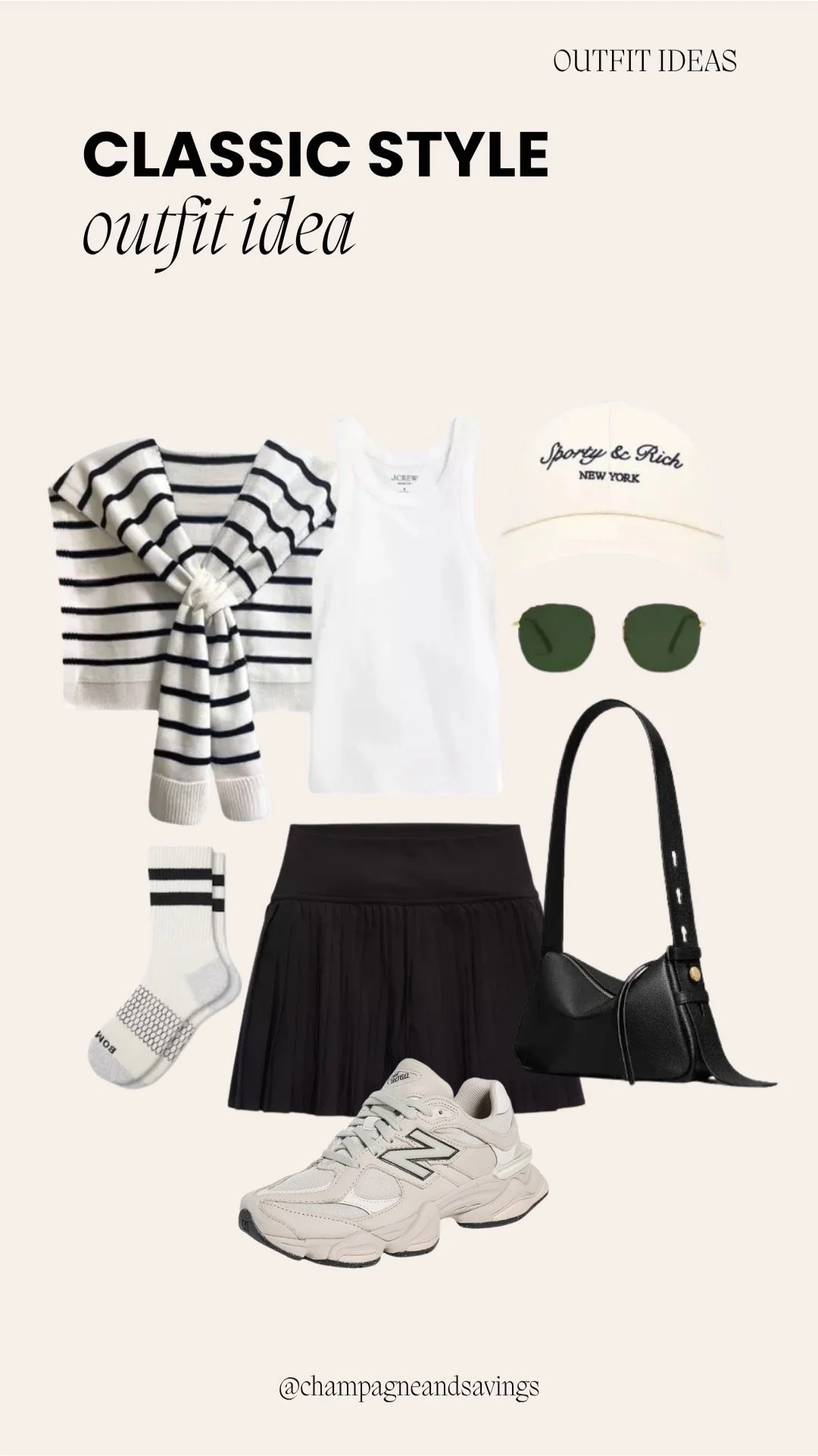 Image of a classic outfit collage featuring a white tank styled with a striped sweater tied over the shoulders and a black athletic skirt, arranged with coordinating accessories