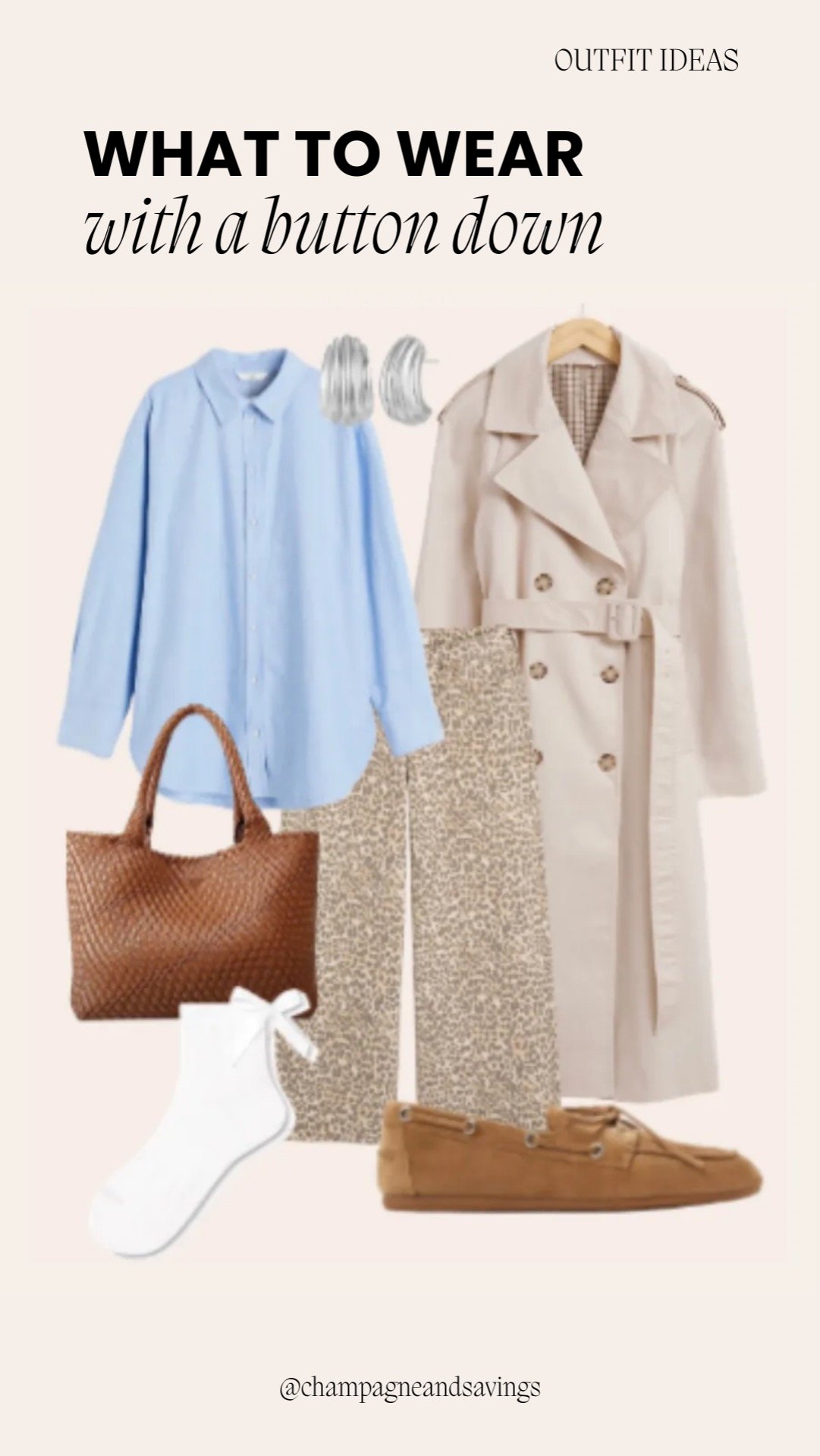 Button down shirt outfit idea featuring leopard pants styled with a button-down shirt and a trench coat, shown in a collage of outfit pieces.