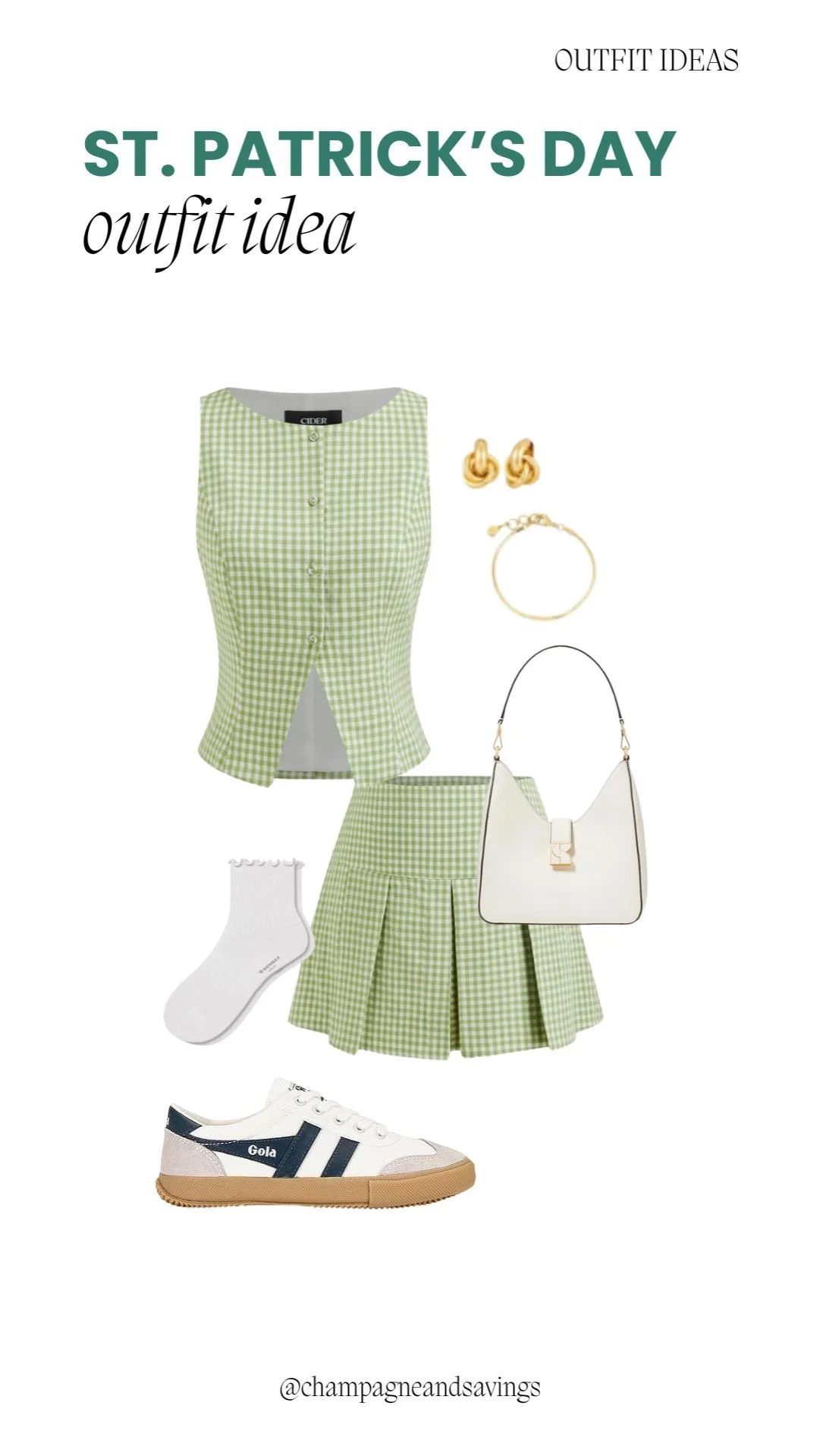 Green gingham set styled as a playful and festive St. Patrick’s Day outfit.