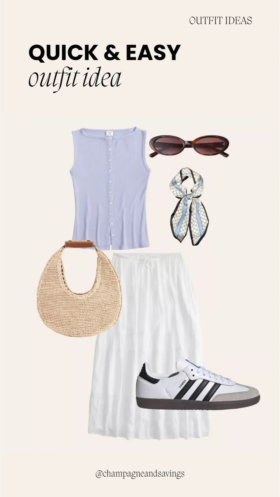 Collage of outfit pieces featuring a lavender cardigan top, white midi skirt, and sneakers for a soft, casual-chic look.