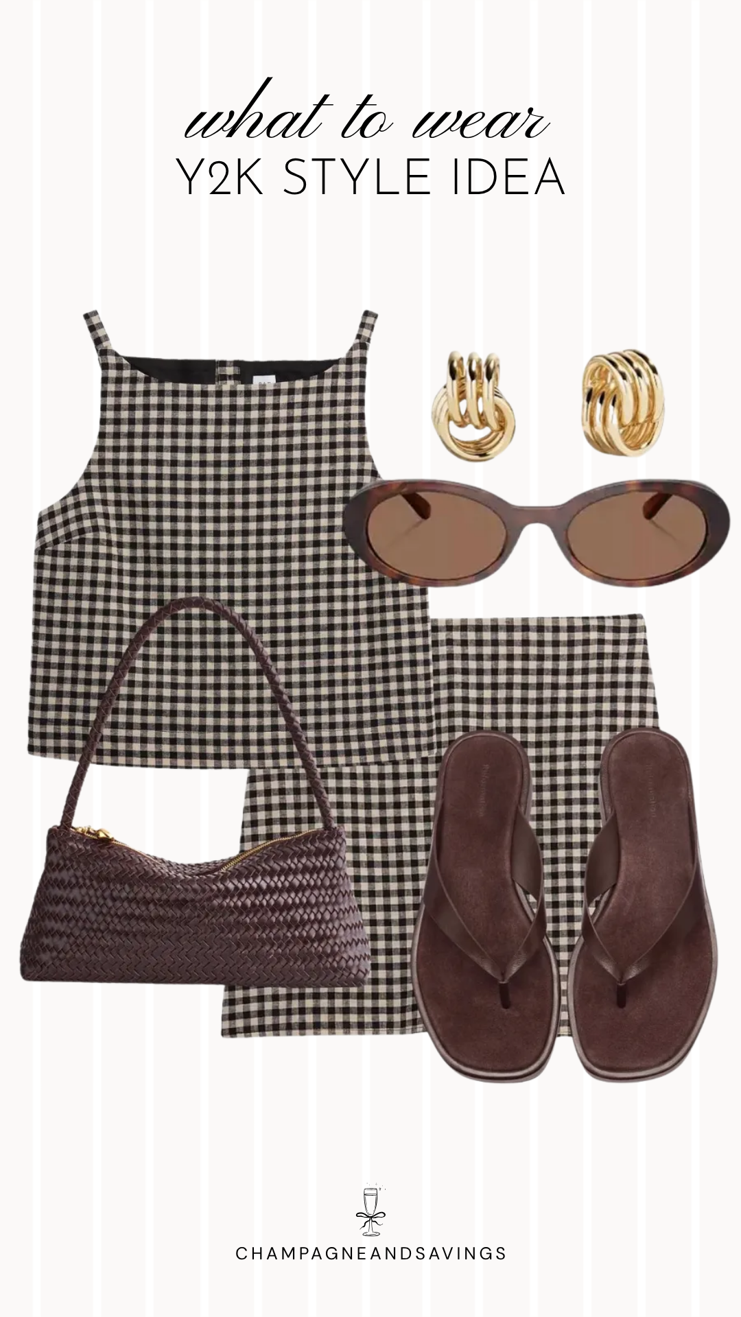 Y2K outfit idea collage featuring a gingham matching set with flip flops for a trendy 2026 look.