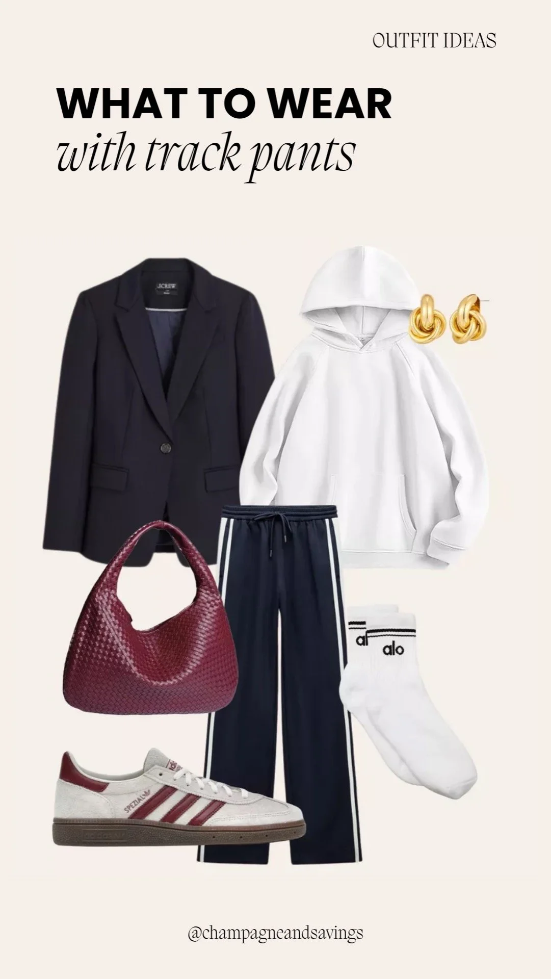 Collage of outfit pieces for a “Blazer Over a Hoodie and Track Pants” look, featuring track pants paired with a hoodie layered under a tailored blazer and stylish casual accessories, styled in a chic sporty aesthetic.