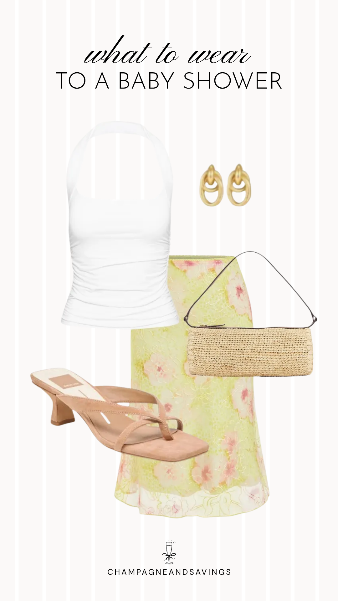 Collage of outfit pieces featuring a white halter top paired with a floral midi skirt, coordinating shoes, handbag, and accessories for a stylish and trendy baby shower guest outfit idea.