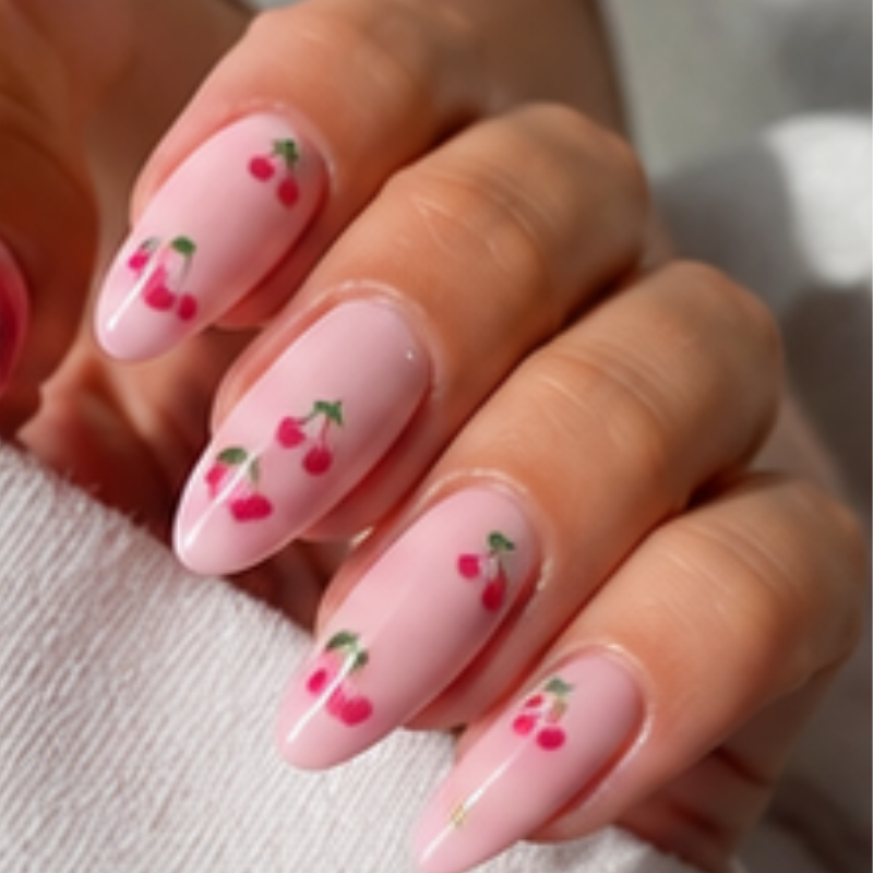 Pink manicure idea featuring cherries on top.