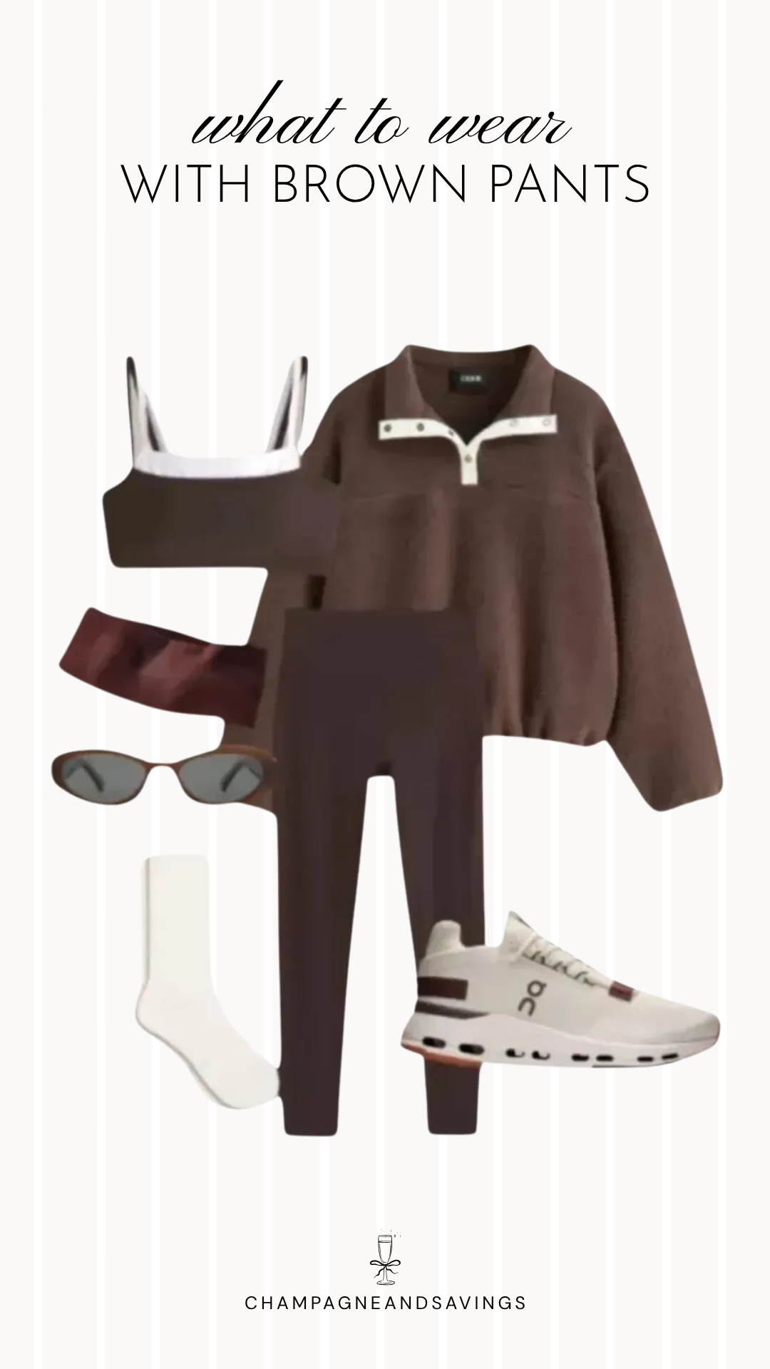 Brown pants outfit idea collage featuring a matching brown athleisure set for a comfortable, casual everyday look.
