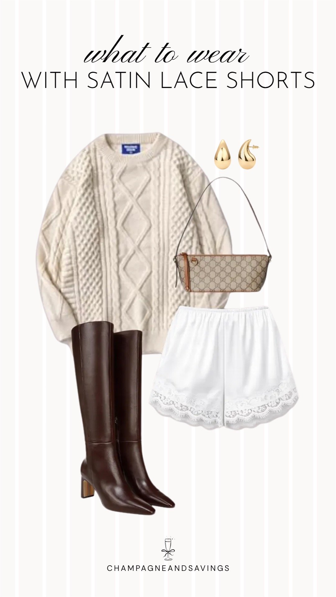 Collage of outfit pieces featuring satin lace shorts styled with a cable knit sweater and tall boots for a cozy, chic outfit