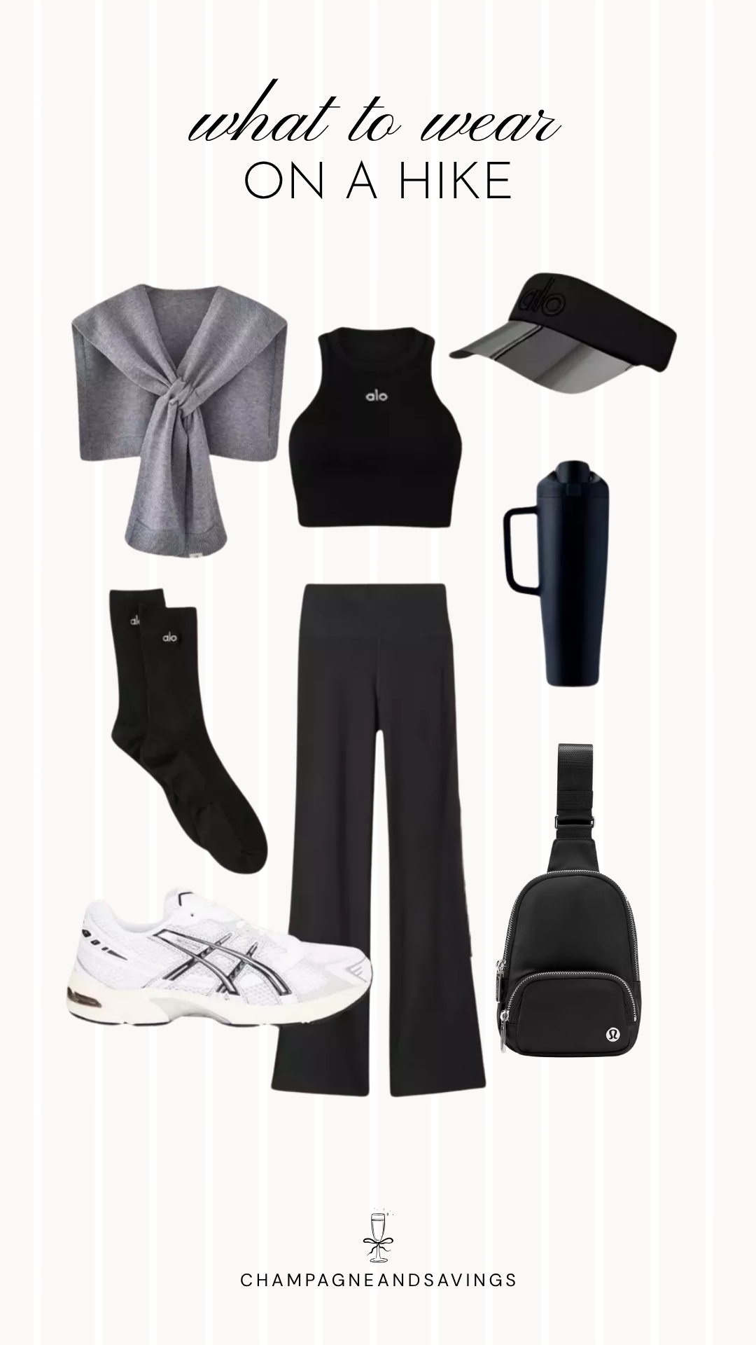 A collage of outfit pieces featuring a knit wrap layered over a black tank top with wide leg pants and comfortable hiking shoes, creating a relaxed, stylish, and functional hiking outfit for casual outdoor adventures.