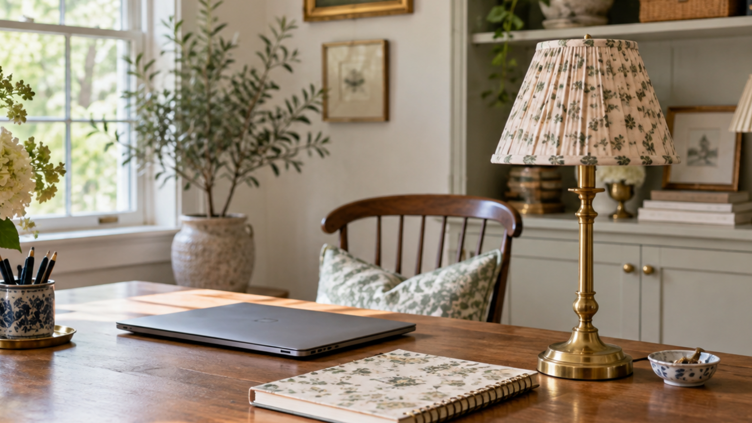 Close-up of vintage-inspired lamp with pleated floral and striped shades sitting on a desk