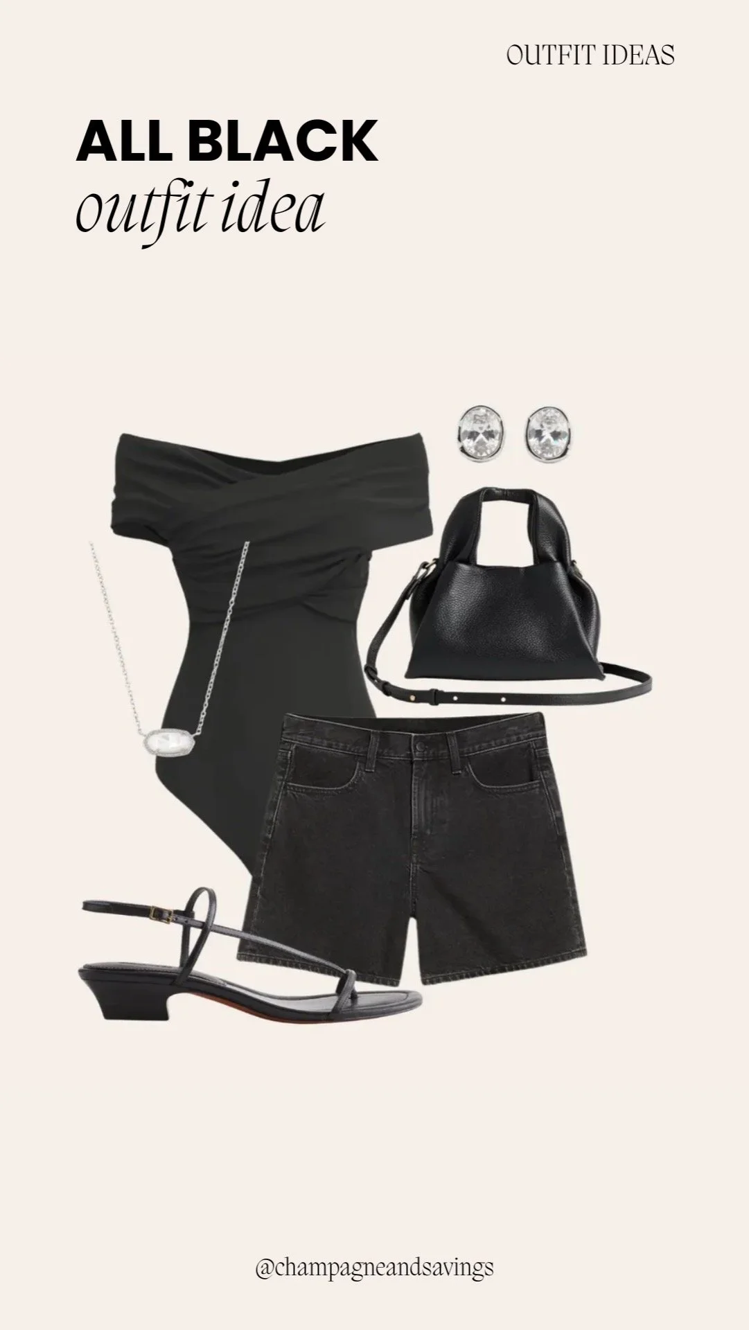 Outfit collage showing a cute and comfy all-black outfit idea with an off-shoulder top and black denim shorts.