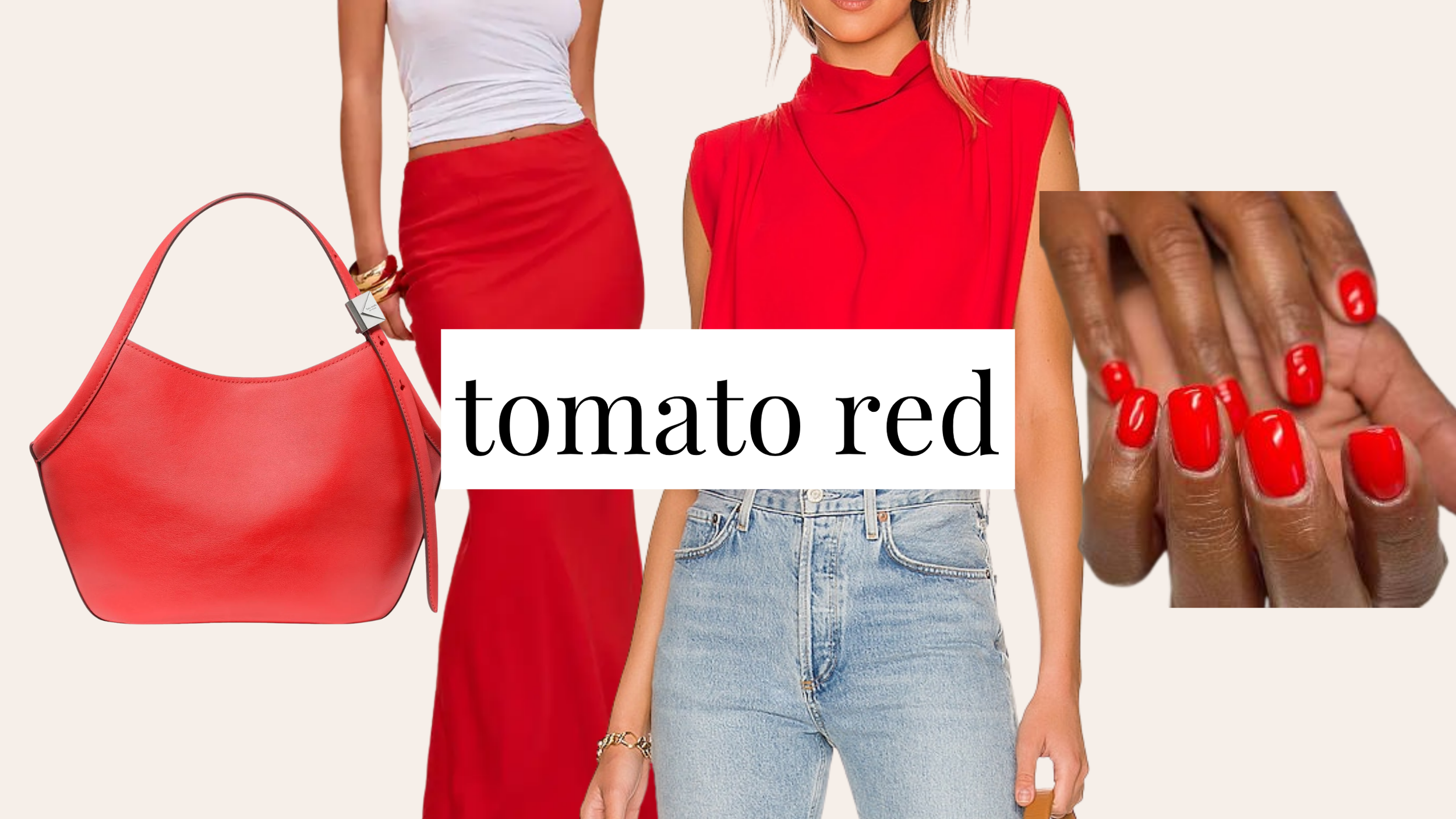 Collage featuring women wearing tomato red clothing and accessories as an example of the tomato red color trend to skip for fall 2026.
