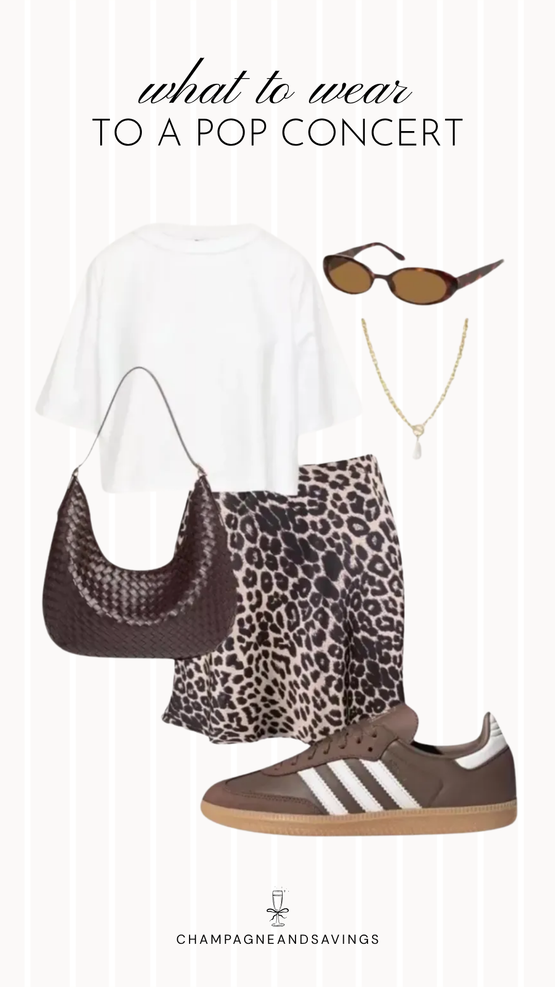Collage of outfit pieces featuring a white tee paired with a leopard print skirt and sneakers, creating a casual yet stylish pop concert outfit idea.