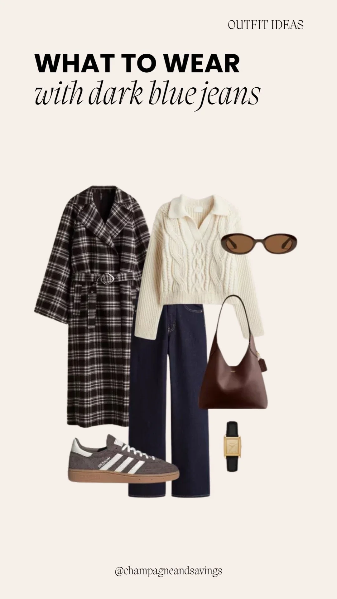 Collage of outfit pieces for a “Plaid Coat + Cream Knit” dark denim look, featuring dark denim paired with a plaid coat and a cream knit top, styled in a cozy polished aesthetic.