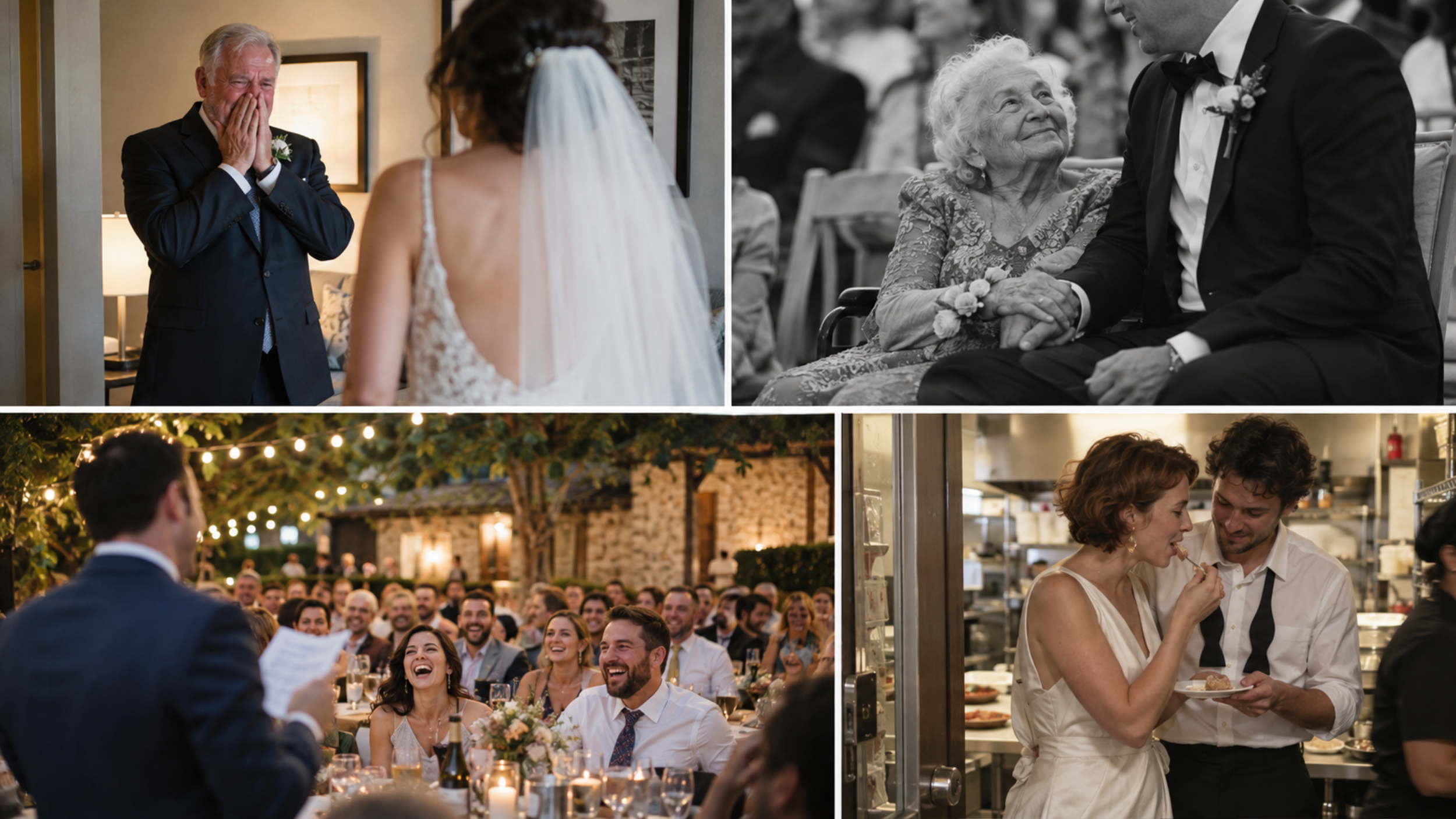 Documentary-style wedding collage capturing an emotional first look, a groom holding an older relative’s hand, speech reactions, and newlyweds sharing cake.