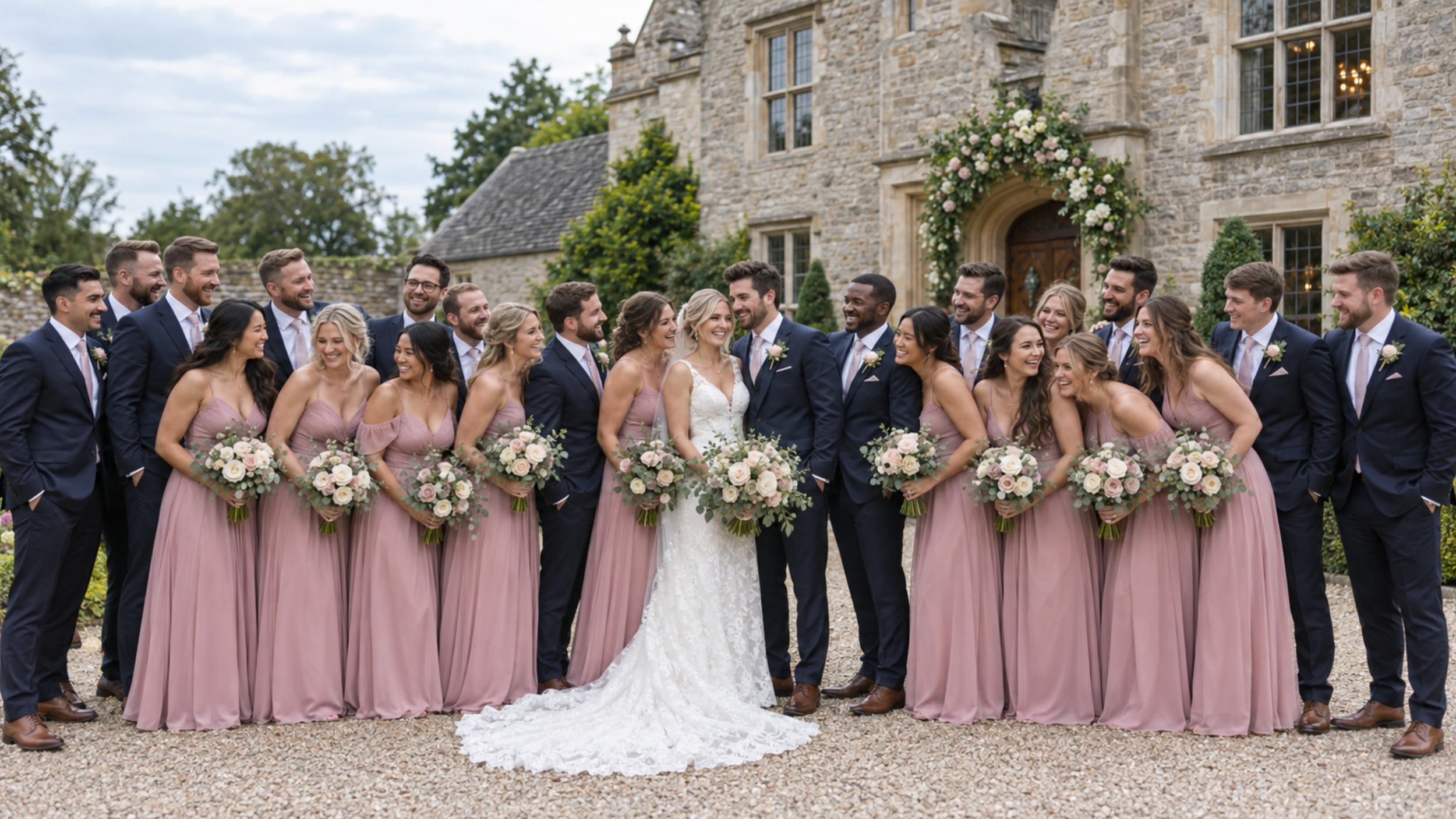 Bride and groom surrounded by a large wedding party in blush dresses and navy suits.