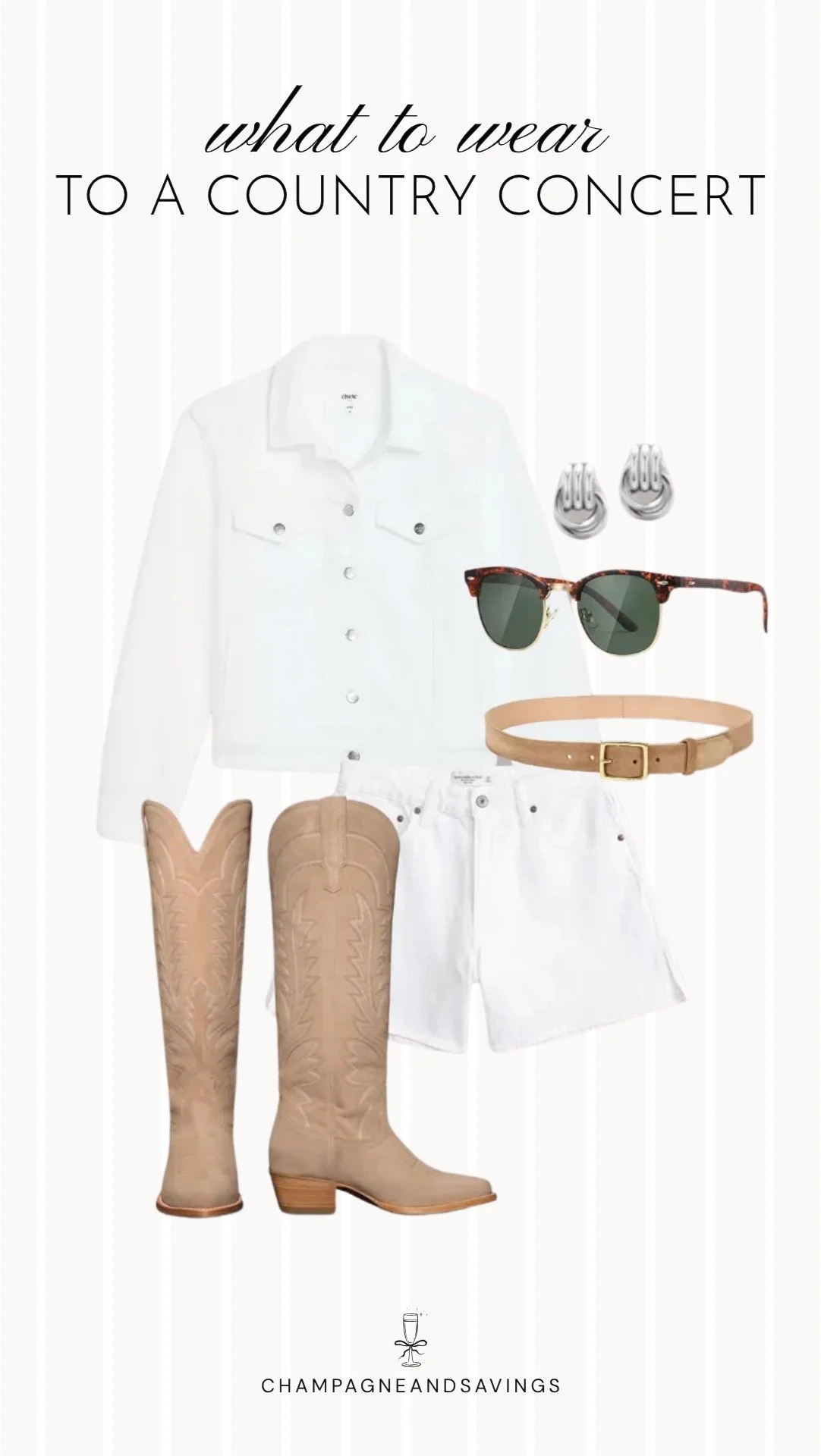 Collage of outfit pieces featuring an all white denim outfit styled with tan cowboy boots for a clean and trendy country concert outfit idea.