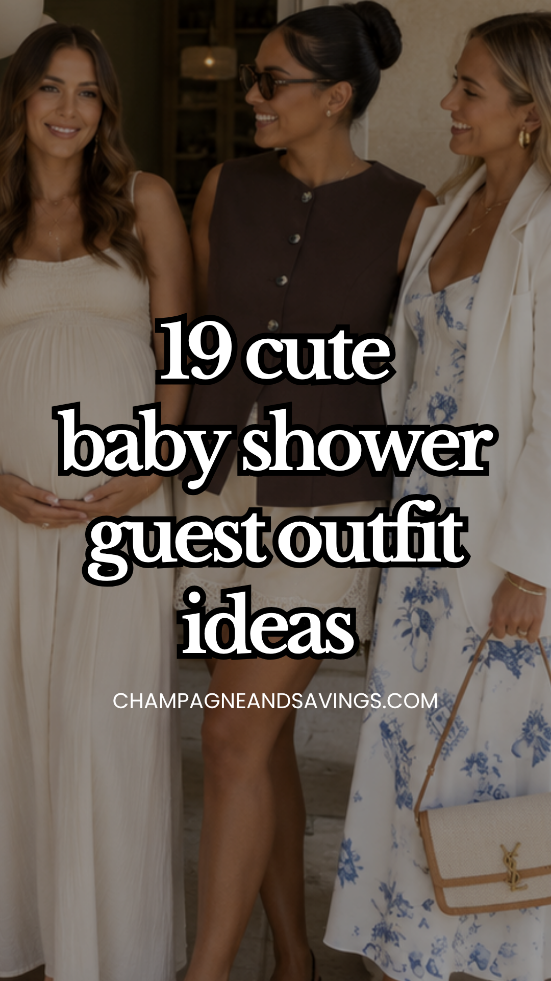 Image that says 19 Cute Baby Shower Guest Outfit Ideas and has girls in styled outfits in the background.
