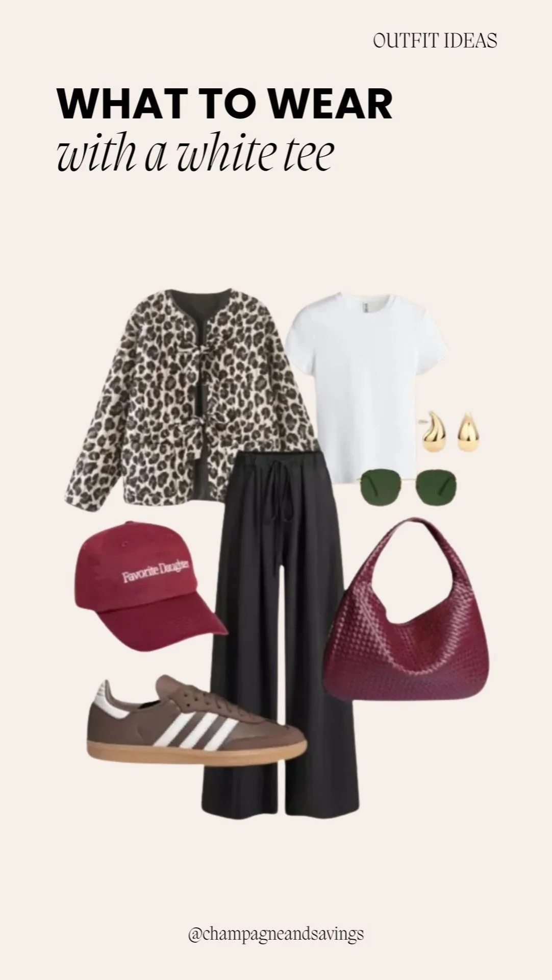 Plain white t-shirt styled with a leopard print jacket and wide-leg pants for a bold, fashionable, and effortlessly chic outfit.
