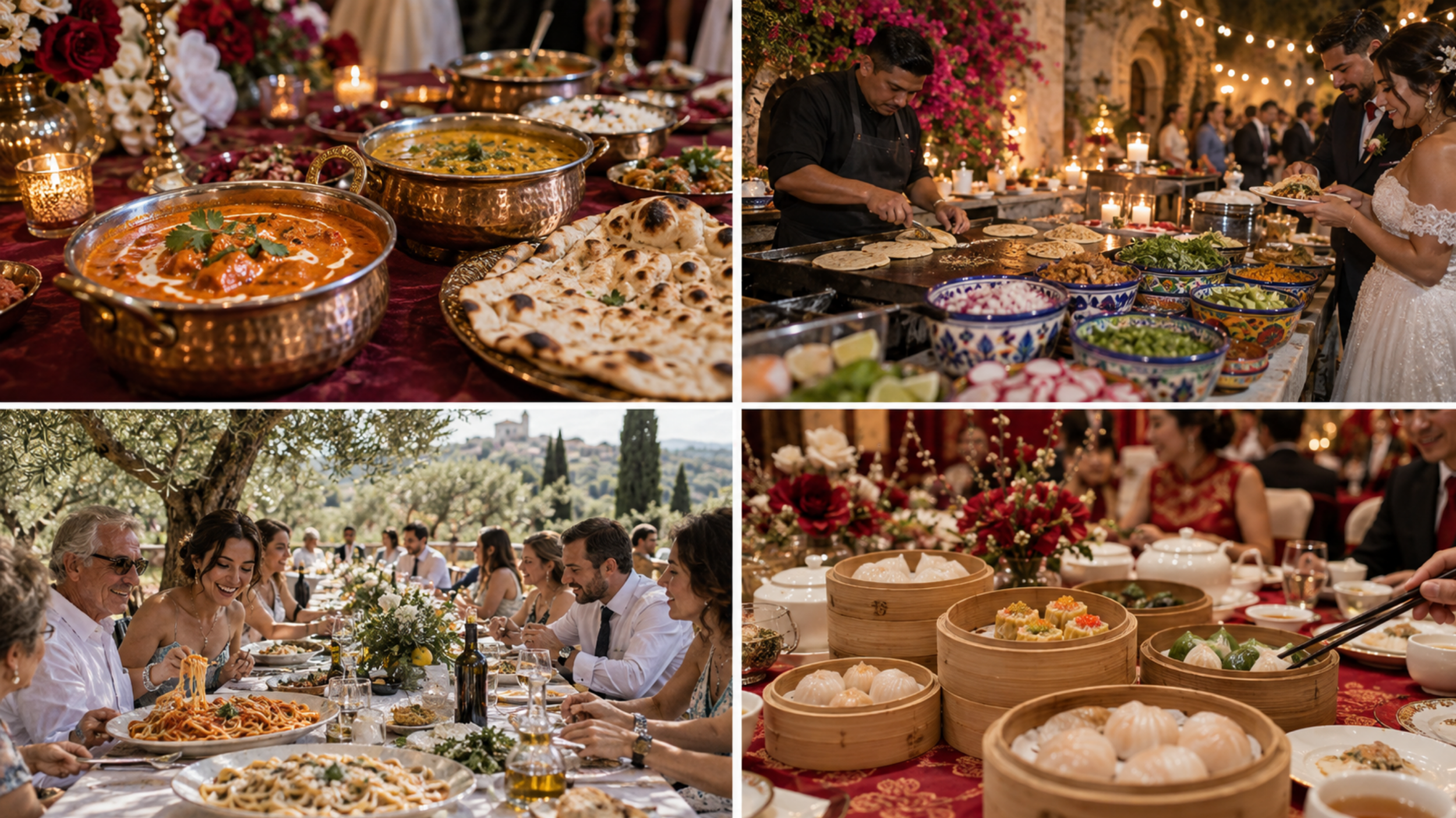 Culturally inspired wedding menu collage featuring Indian curries and naan, a taco station, family-style pasta, and Chinese dim sum.