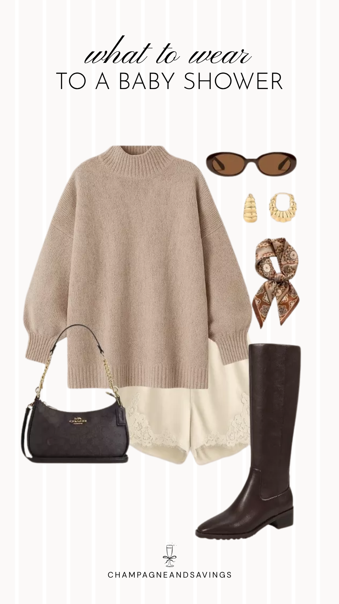 Collage of outfit pieces featuring an oversized sweater paired with lace trim shorts, coordinating shoes, handbag, and accessories for a cozy and trendy baby shower guest outfit idea.