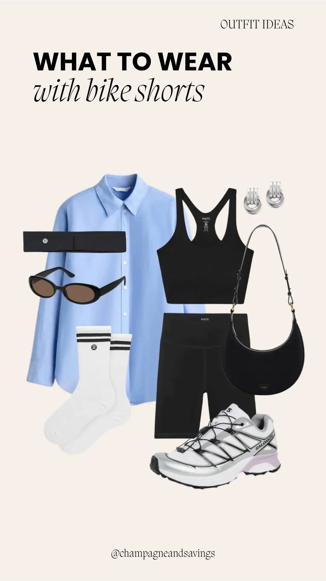 collage of bike shorts outfit idea featuring black bike shorts styled with an oversized button down shirt and Salomon sneakers, including outfit pieces on a clean background