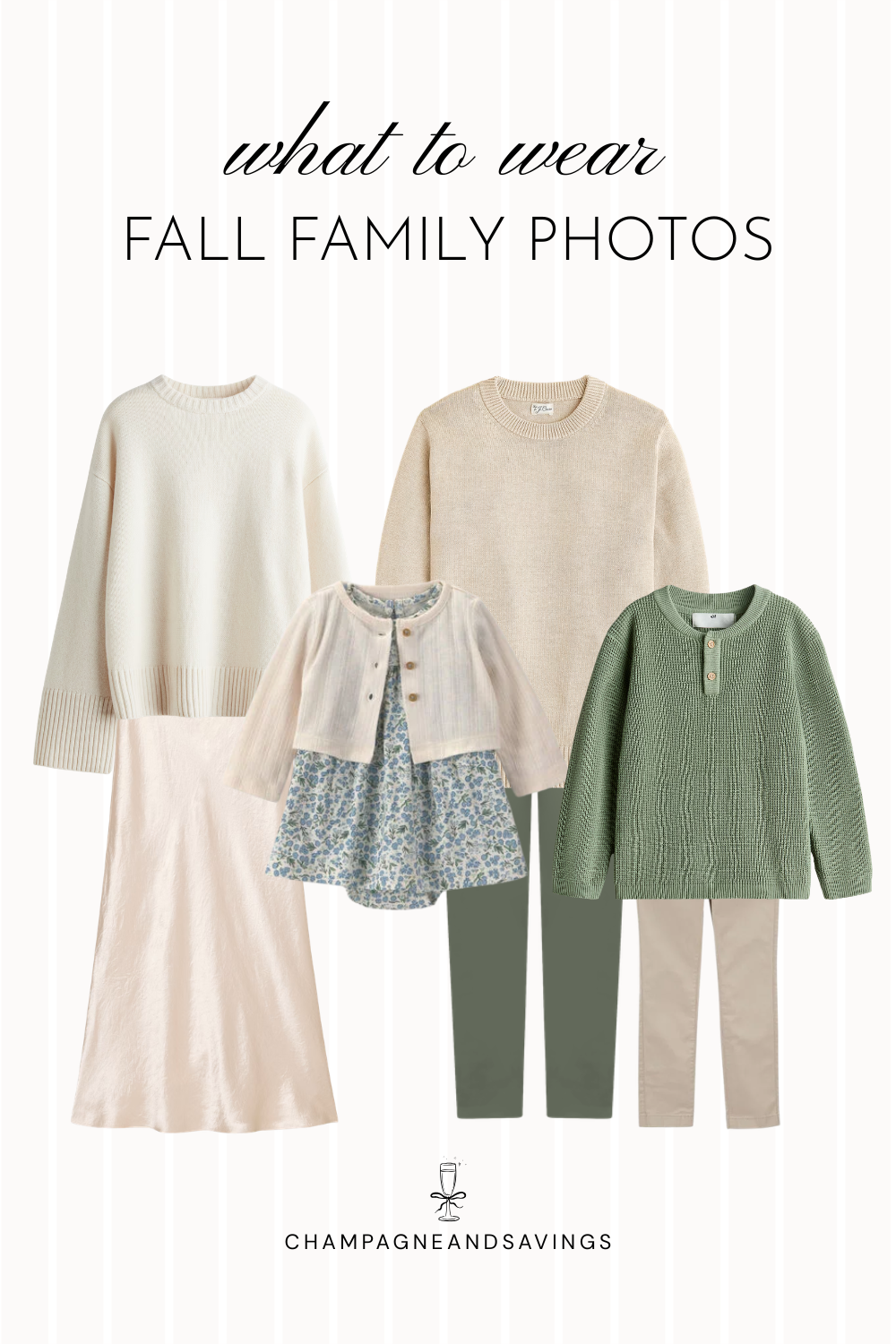 Collage of outfit pieces for a fall family photo color scheme featuring blush, sage green, and cream pieces for a soft, neutral, and beautifully coordinated family photo look.
