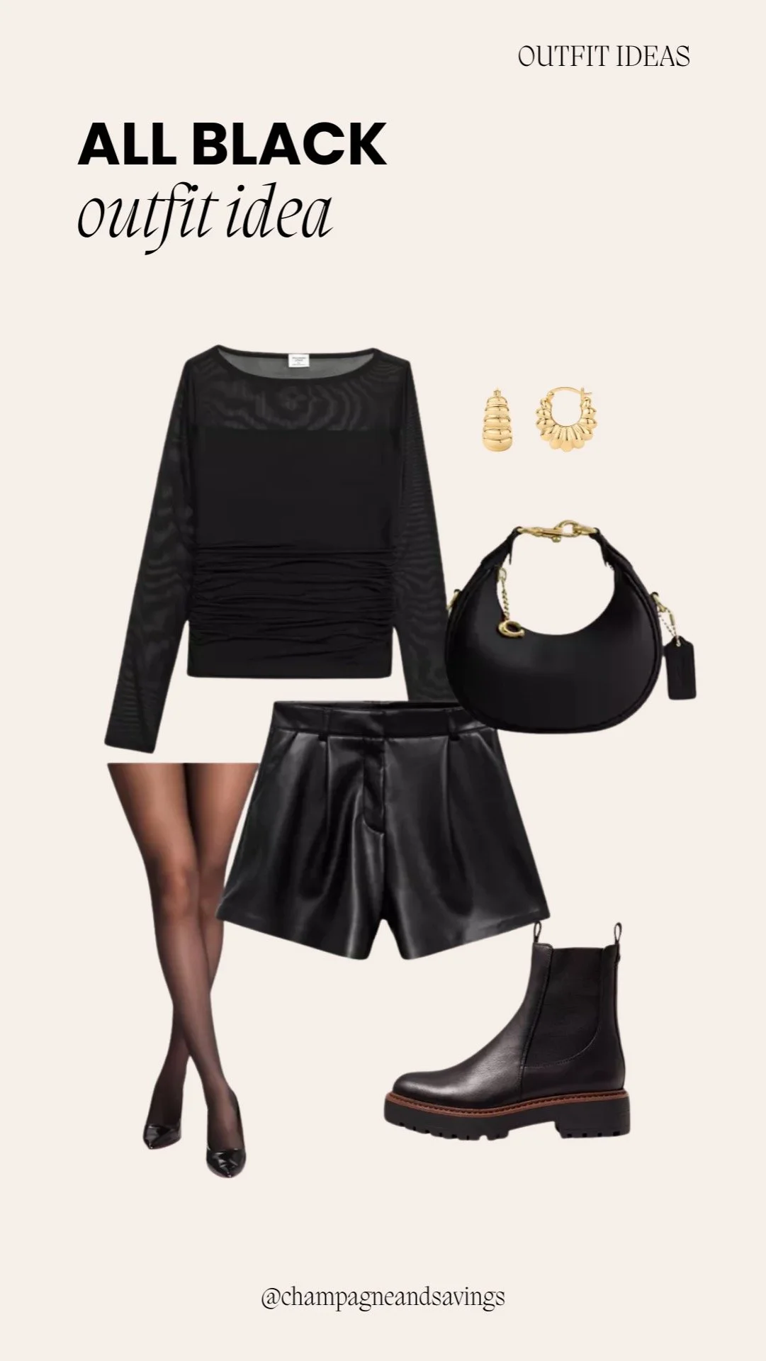 Outfit collage showing a cute and comfy all-black outfit idea with a sheer long-sleeve top and leather shorts.