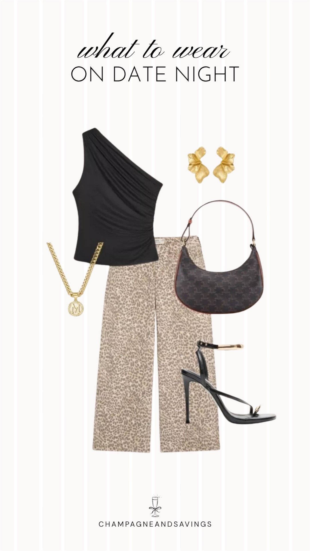 Collage of outfit pieces featuring a draped one shoulder top styled with leopard wide leg pants for a bold and trendy fall date night outfit idea.