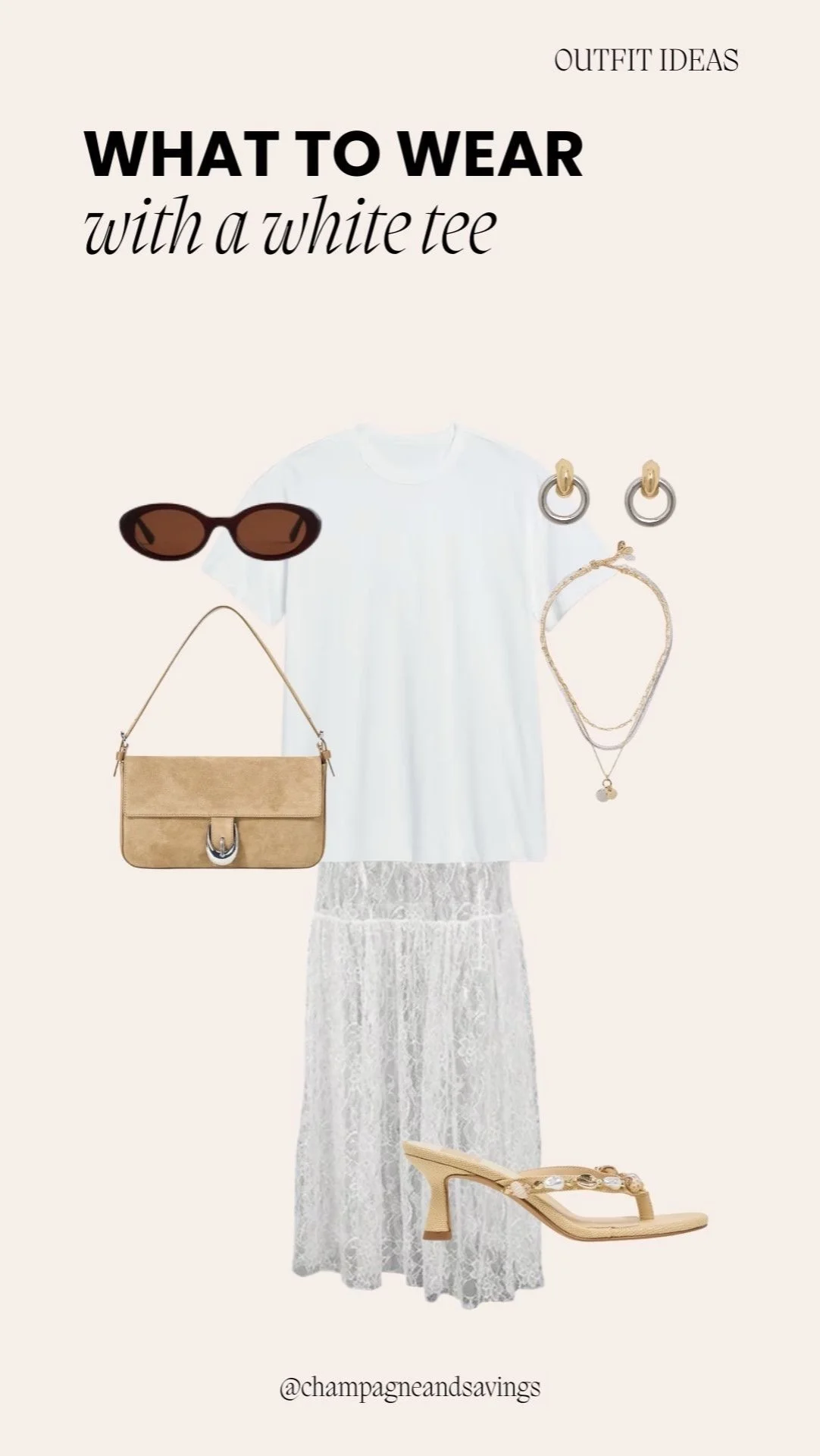 Plain white t-shirt styled with a lace skirt and sandals for a feminine, casual, and effortlessly chic outfit.