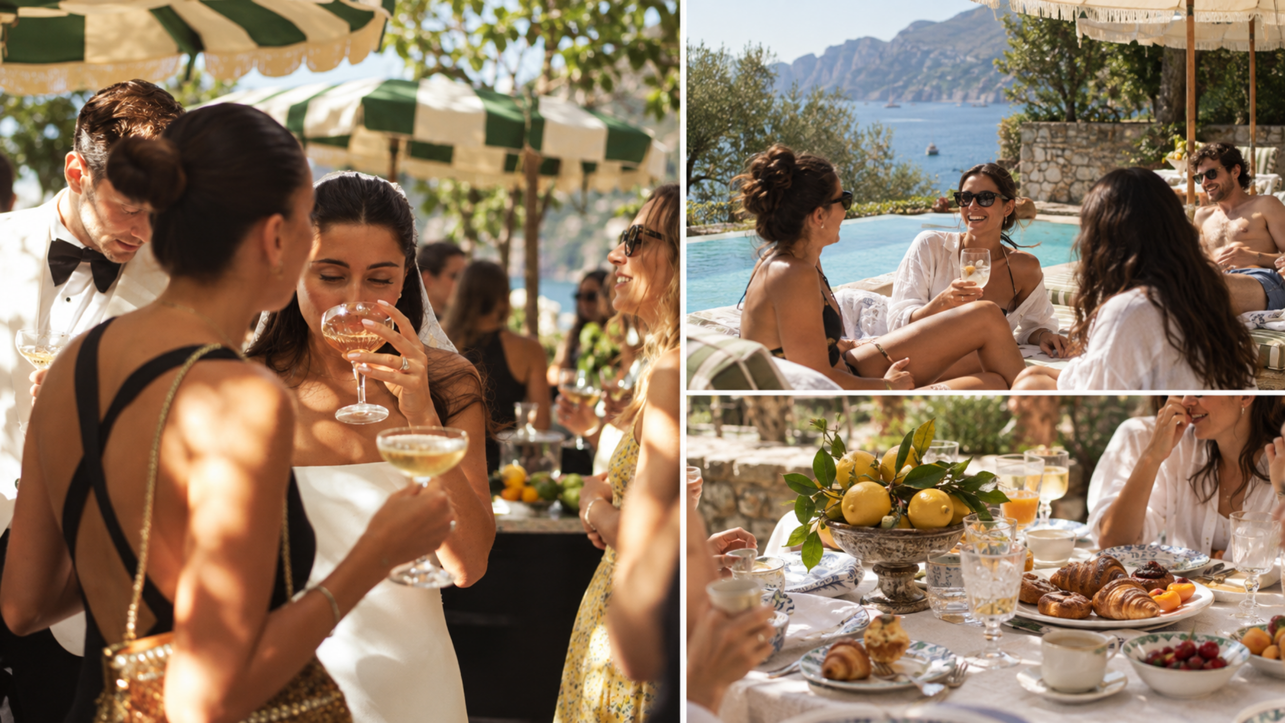 Wedding weekend collage featuring outdoor cocktails, friends relaxing by a pool, and a brunch table with pastries and lemons.