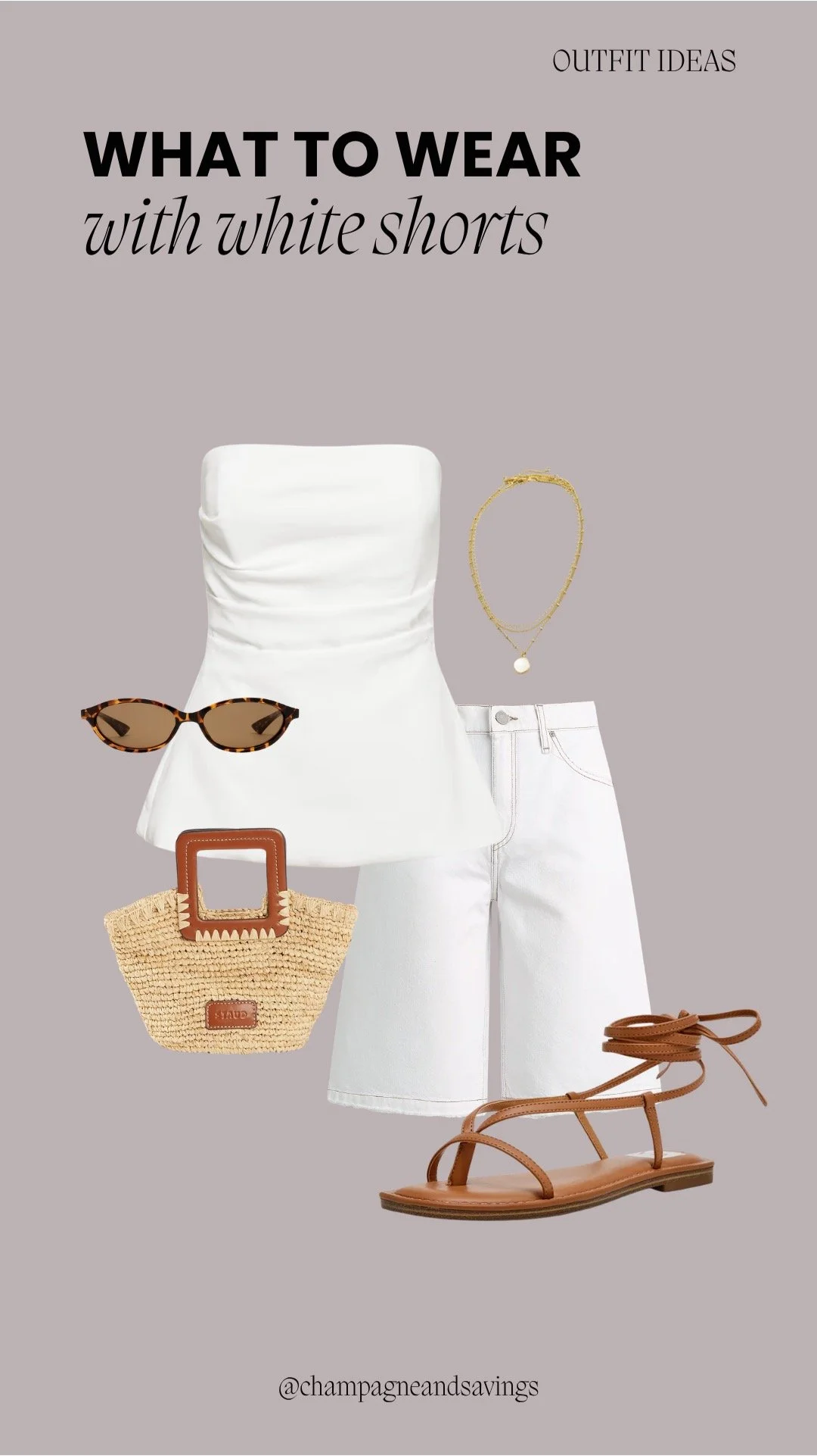 Collage of outfit pieces featuring white shorts styled with a white strapless top and lace-up sandals for a fresh, chic summer look.