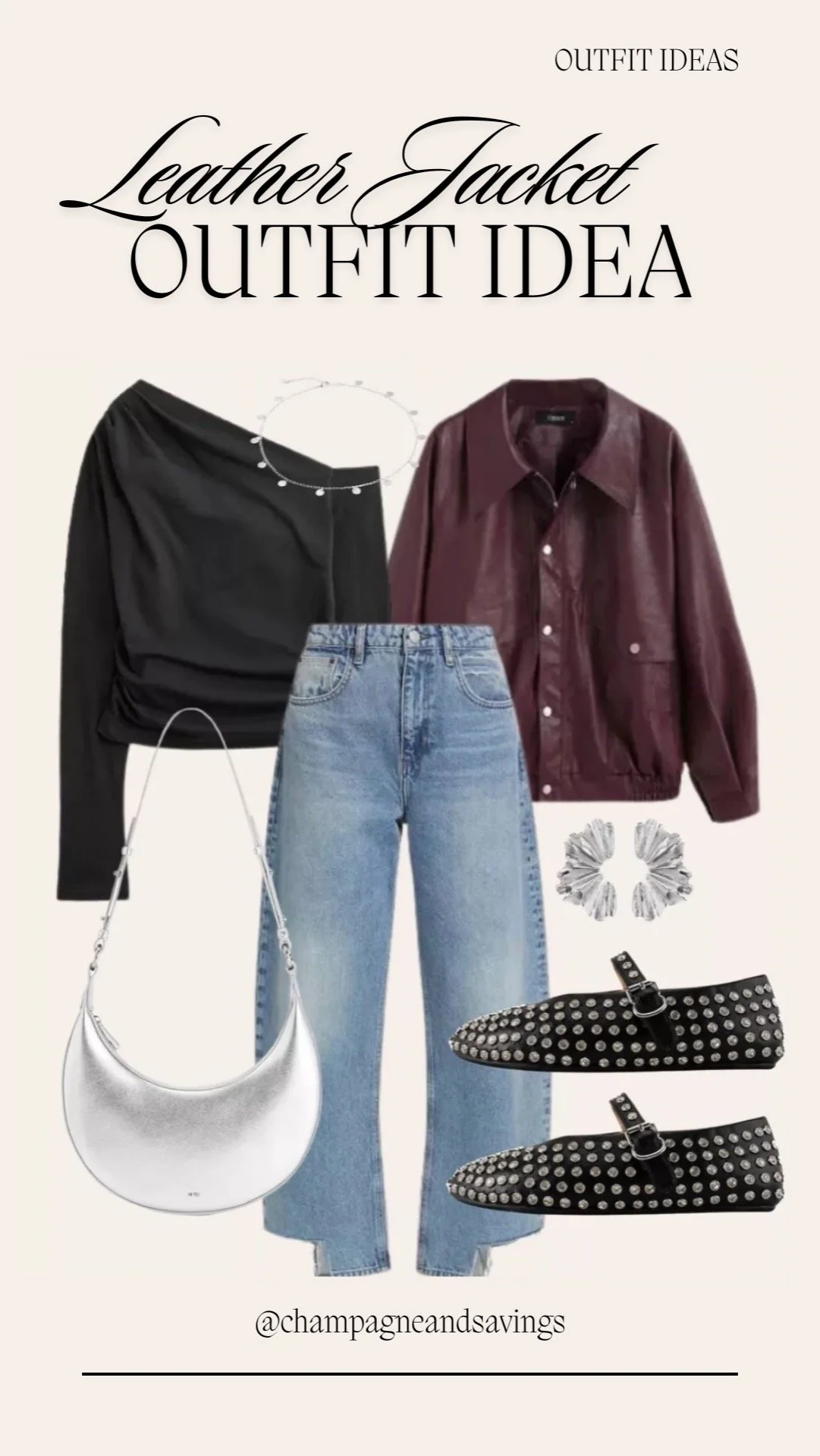 leather jacket, Asymmetrical Top and Studded Flats