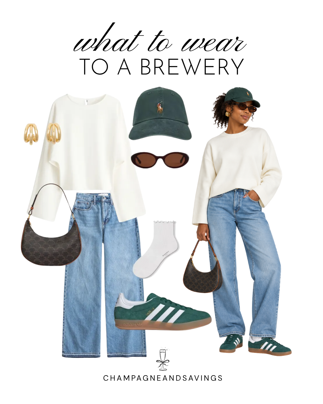 Casual brewery outfit featuring an oversized cream sweater, relaxed blue jeans, green Adidas Sambas, and matching green baseball cap.