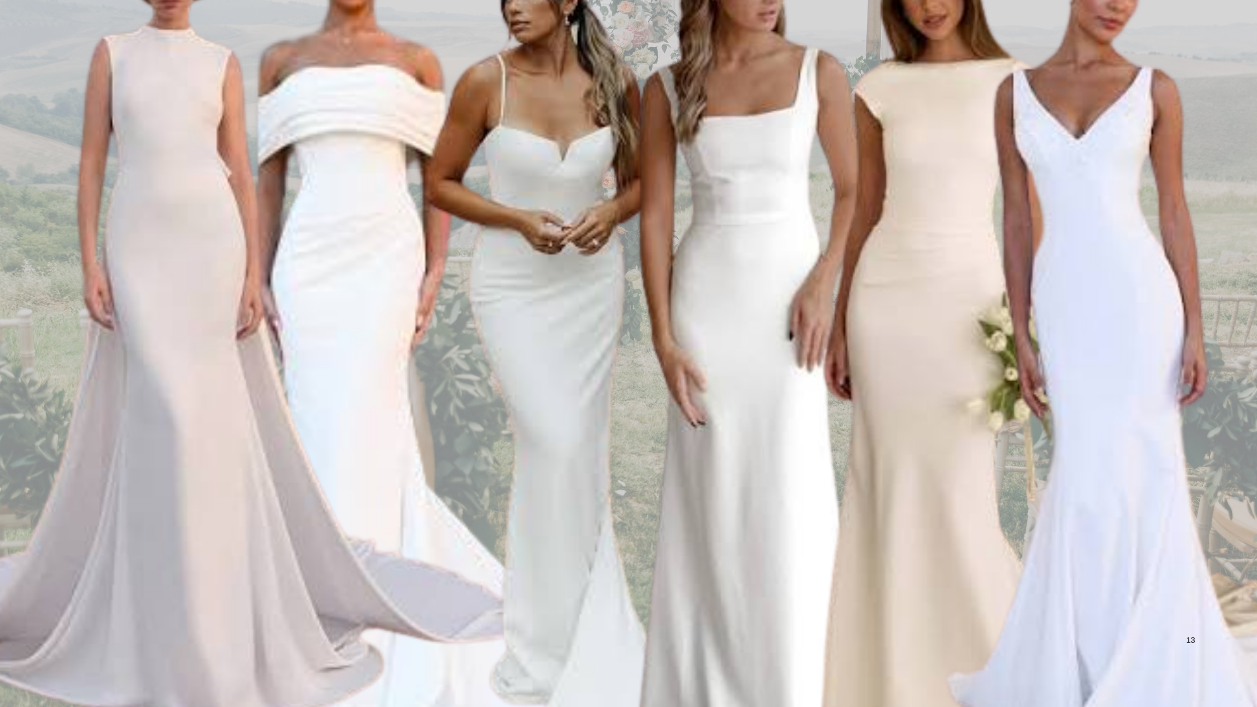 Collage of trending wedding gowns for 2027 featuring minimalist column gowns.