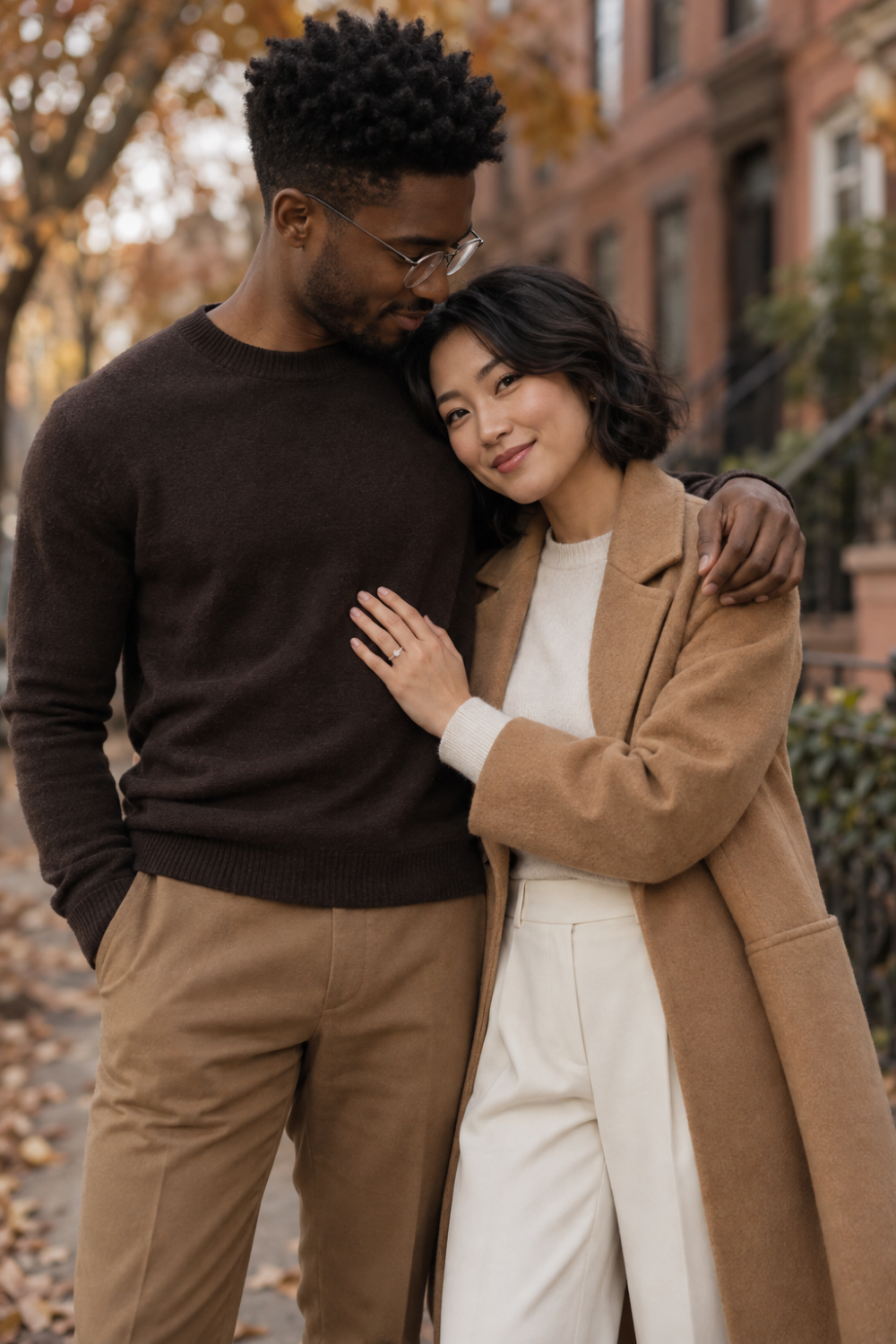 Color & Neutral Engagement Photo Outfit Idea featuring a camel and ivory outfit combination.