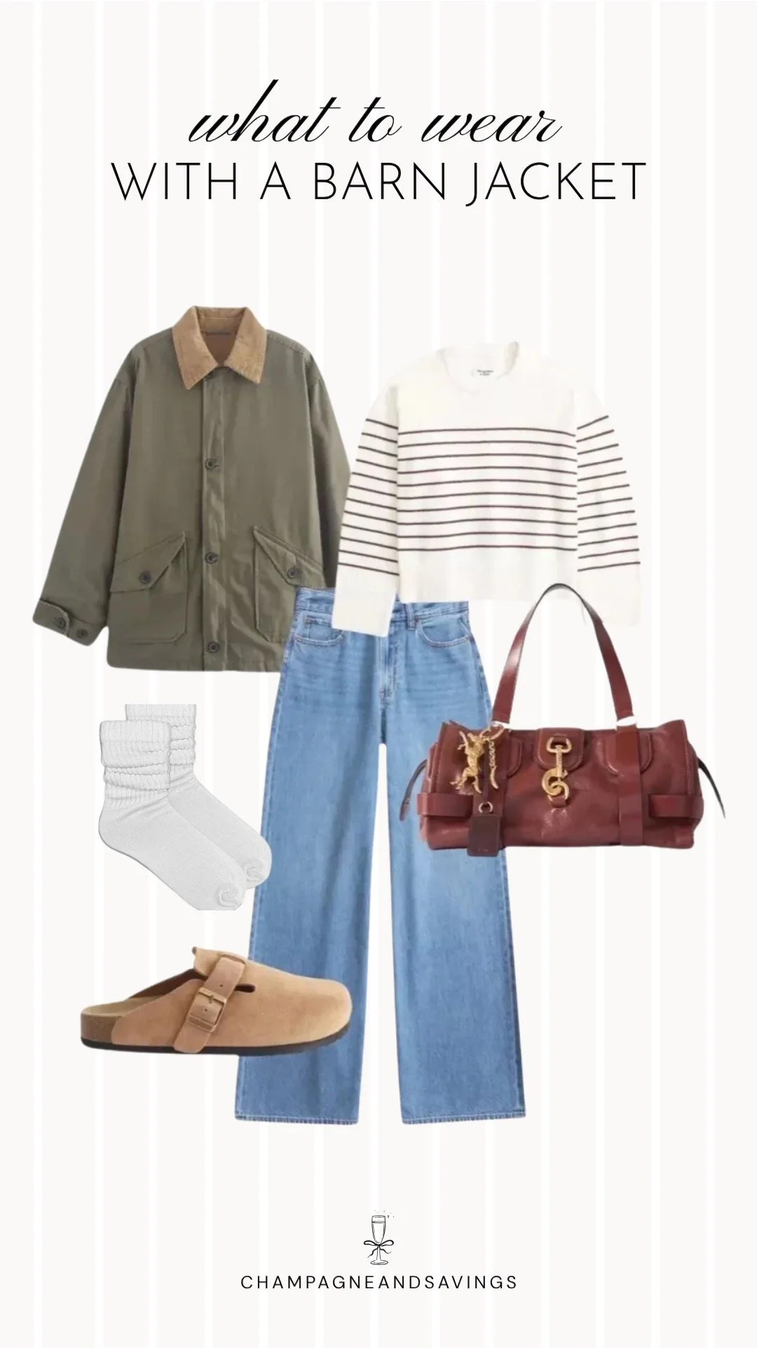 Outfit collage featuring a barn jacket layered over a striped sweater and paired with clogs for a casual, cozy fall outfit.