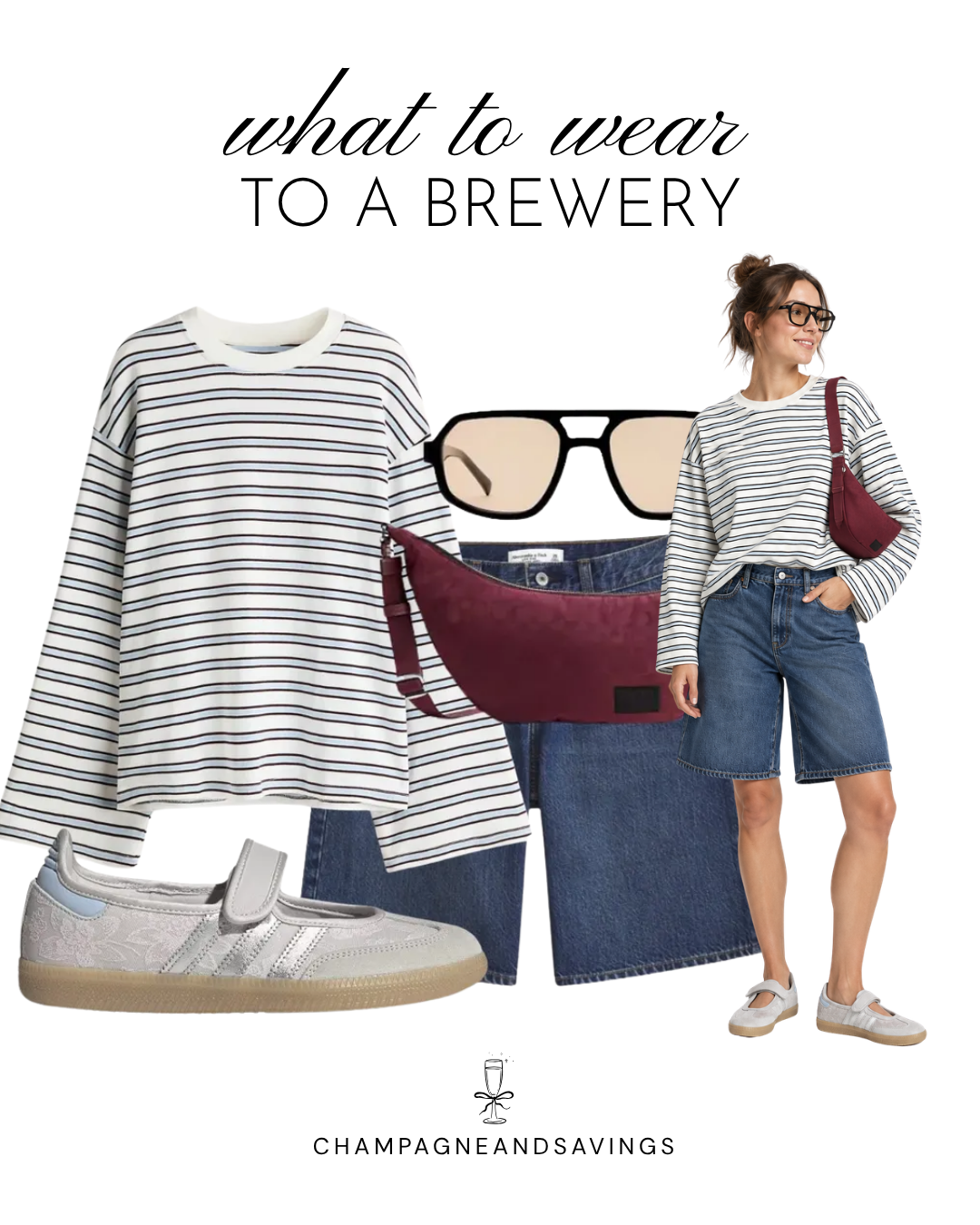 Casual brewery outfit with an oversized striped long sleeve shirt, denim Bermuda shorts, silver sneakers, and burgundy shoulder bag.