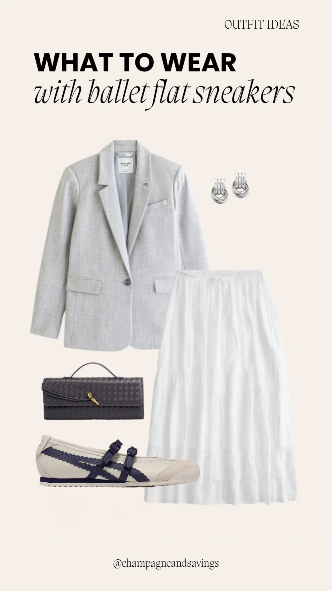 Casual spring outfit featuring ballet flat sneakers paired with a blazer and maxi skirt