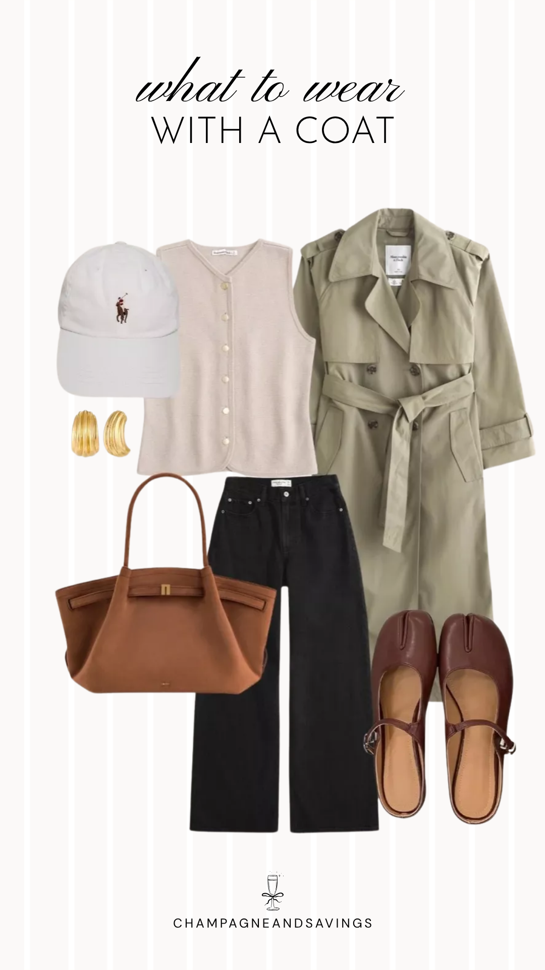 Coat styling idea featuring a button vest layered with a sage trench and paired with black jeans, shown in a fall fashion collage with coordinated outfit pieces for a chic and polished layered look.