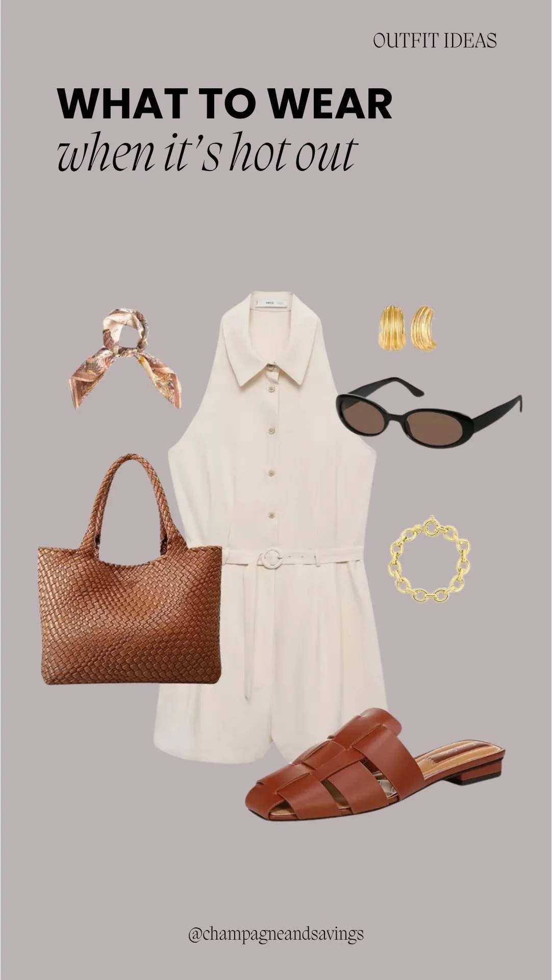 Hot weather outfit collage featuring a collared romper styled with woven mules and a lightweight scarf for an effortlessly polished summer look