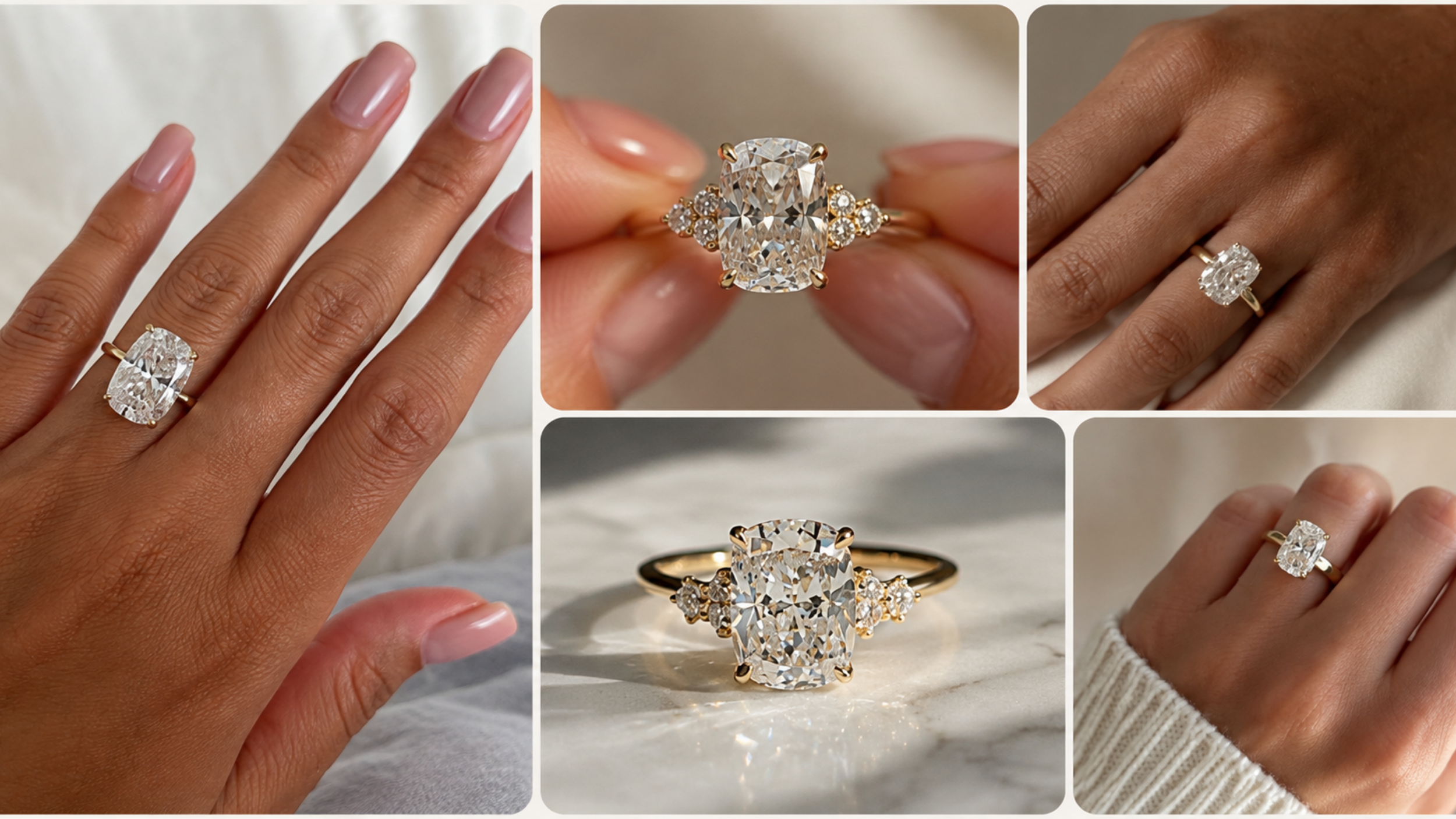 Collage of elongated cushion cut diamond engagement rings featuring rectangular cushion diamonds in elegant gold solitaire settings.
