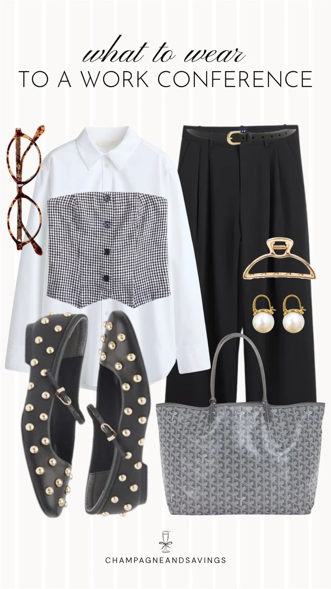 Collage of work conference outfit pieces featuring a layered button-down shirt, black trousers, and studded flats for a polished, modern professional look perfect for a work conference.