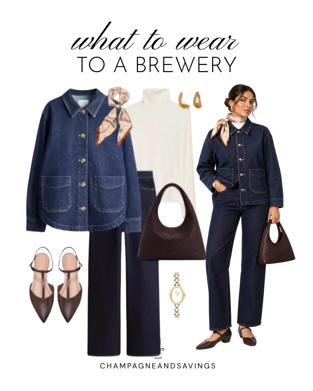 Chic brewery outfit featuring a dark denim jacket, matching jeans, cream turtleneck, silk neck scarf, and brown Mary Jane heels.