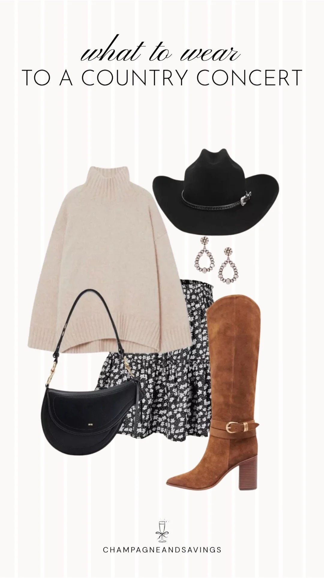 Collage of outfit pieces featuring a floral mini skirt styled with a chunky sweater and tall boots for a cozy and feminine country concert outfit idea.